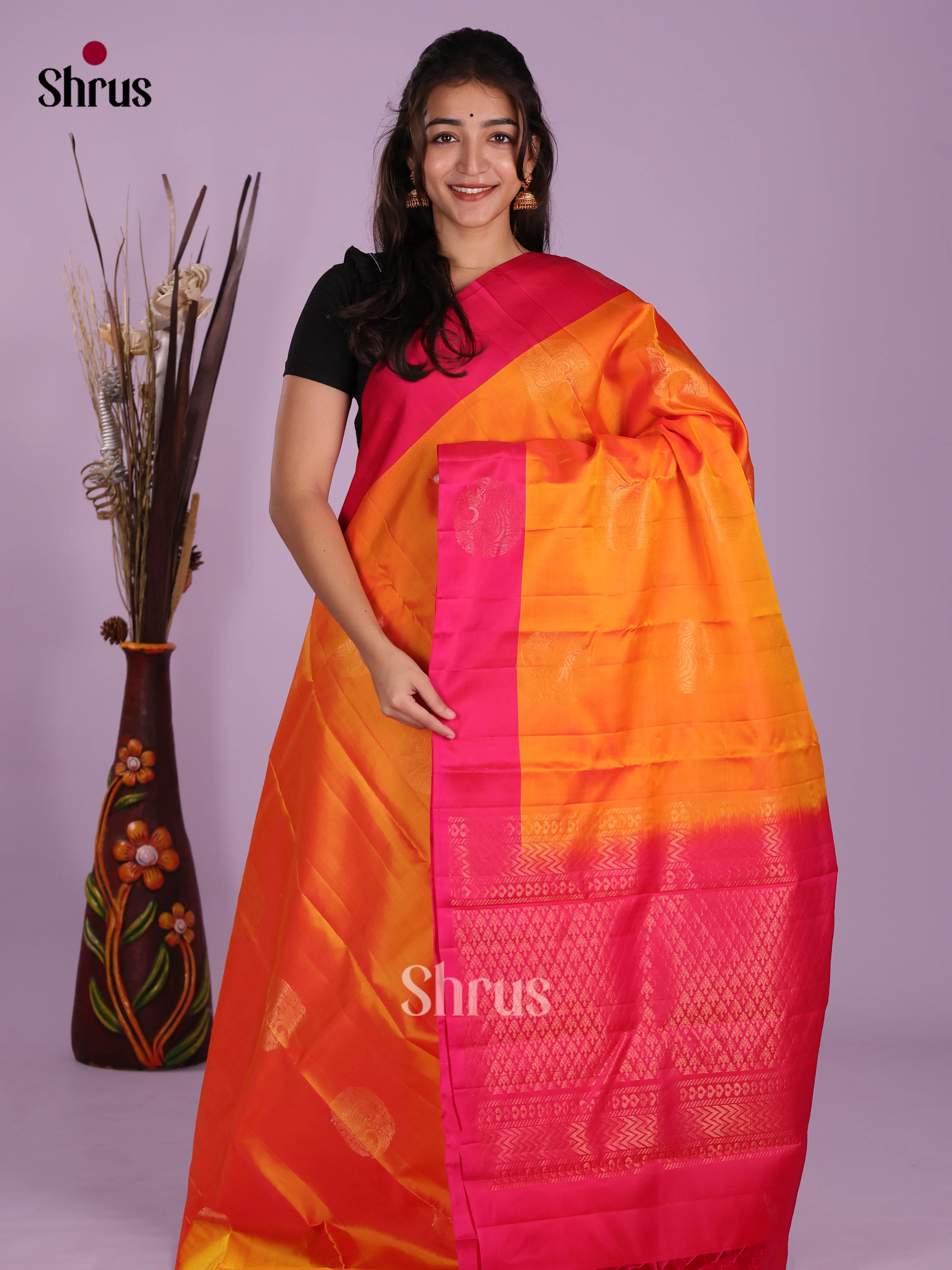 Orange & Pink - Softsilk-halfpure Saree - Shop on Shrus.com