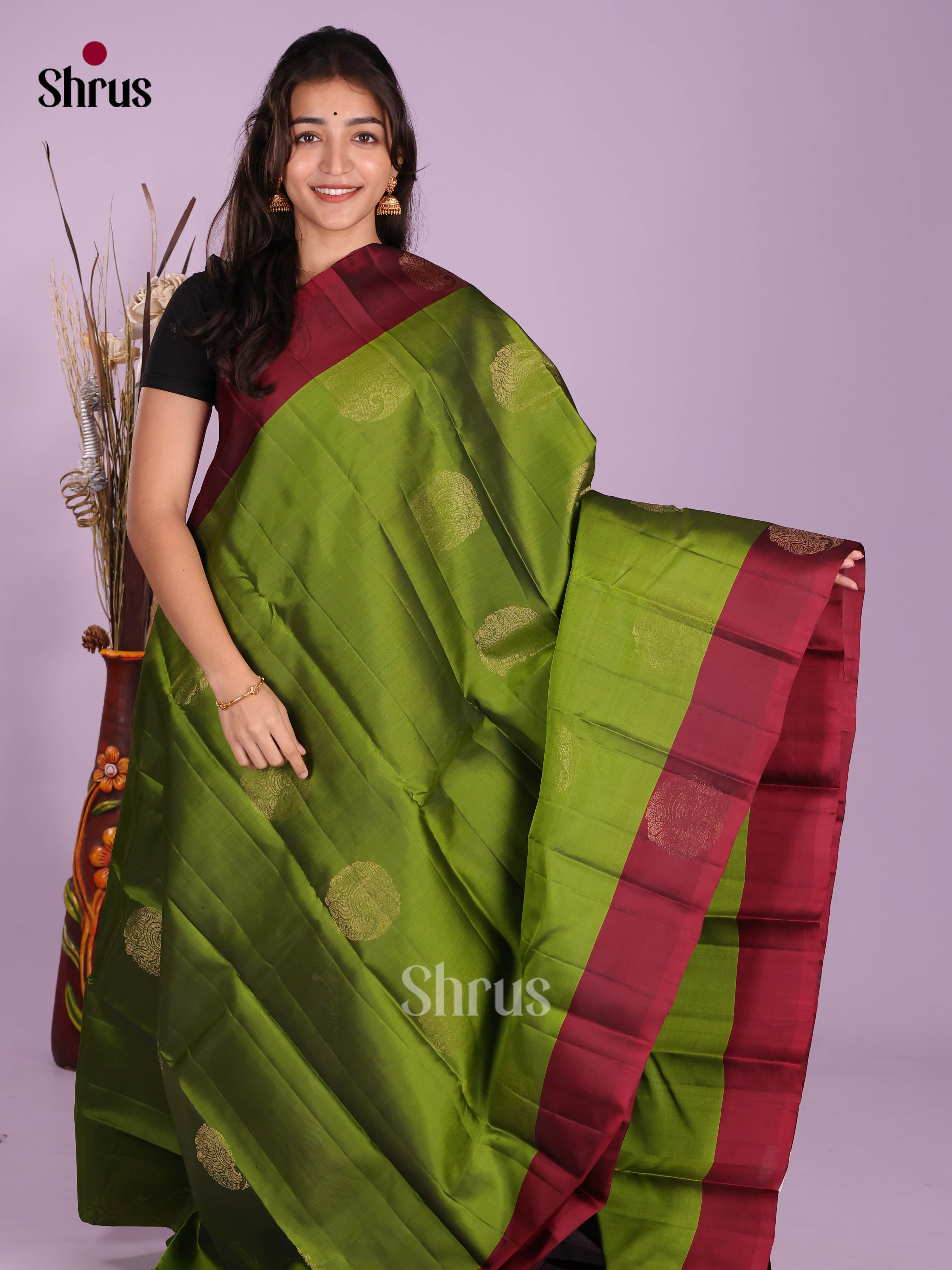 Green & Maroon - Softsilk-halfpure Saree