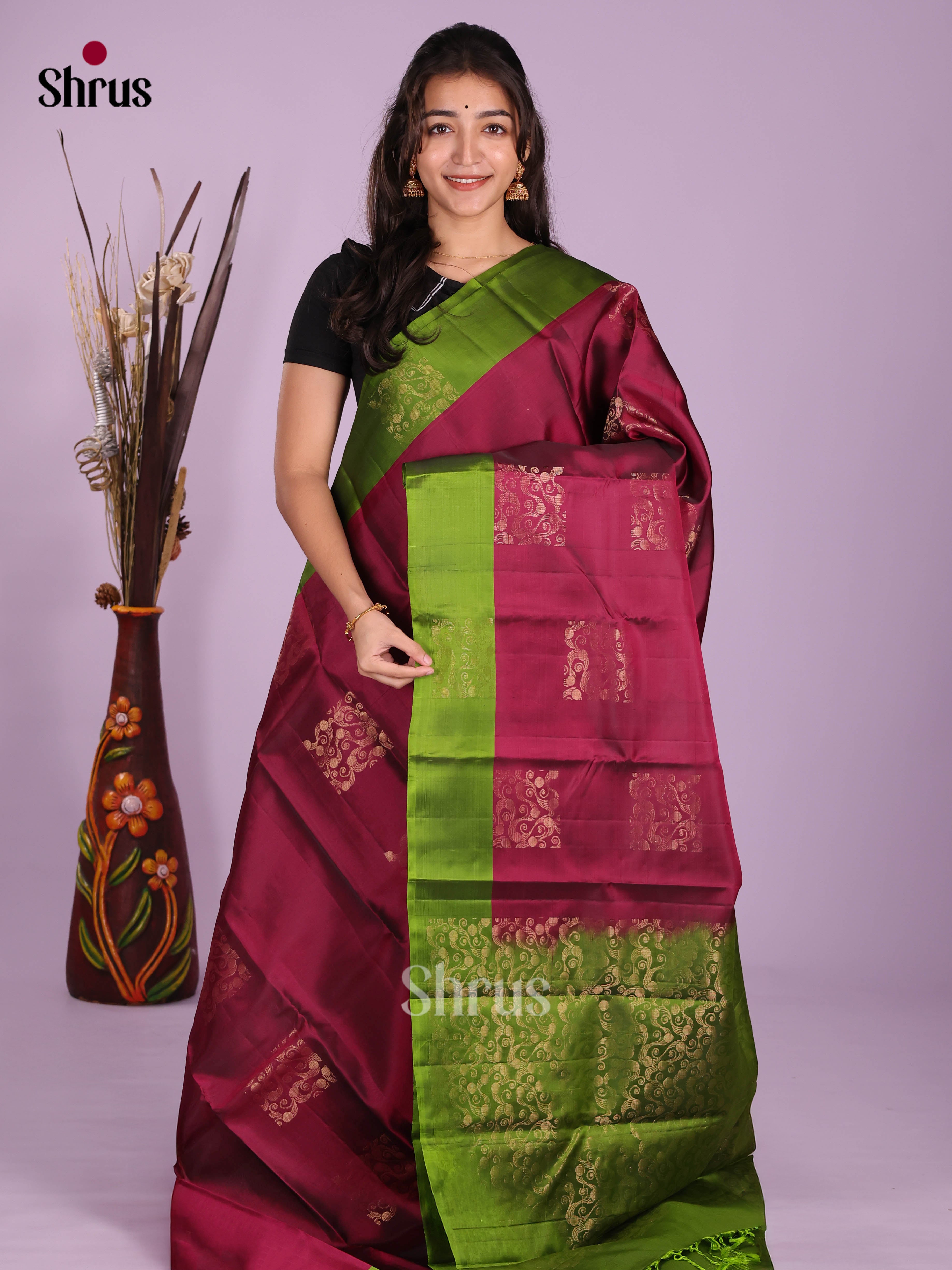 Maroon & Green- Softsilk-halfpure Saree - Shop on Shrus.com