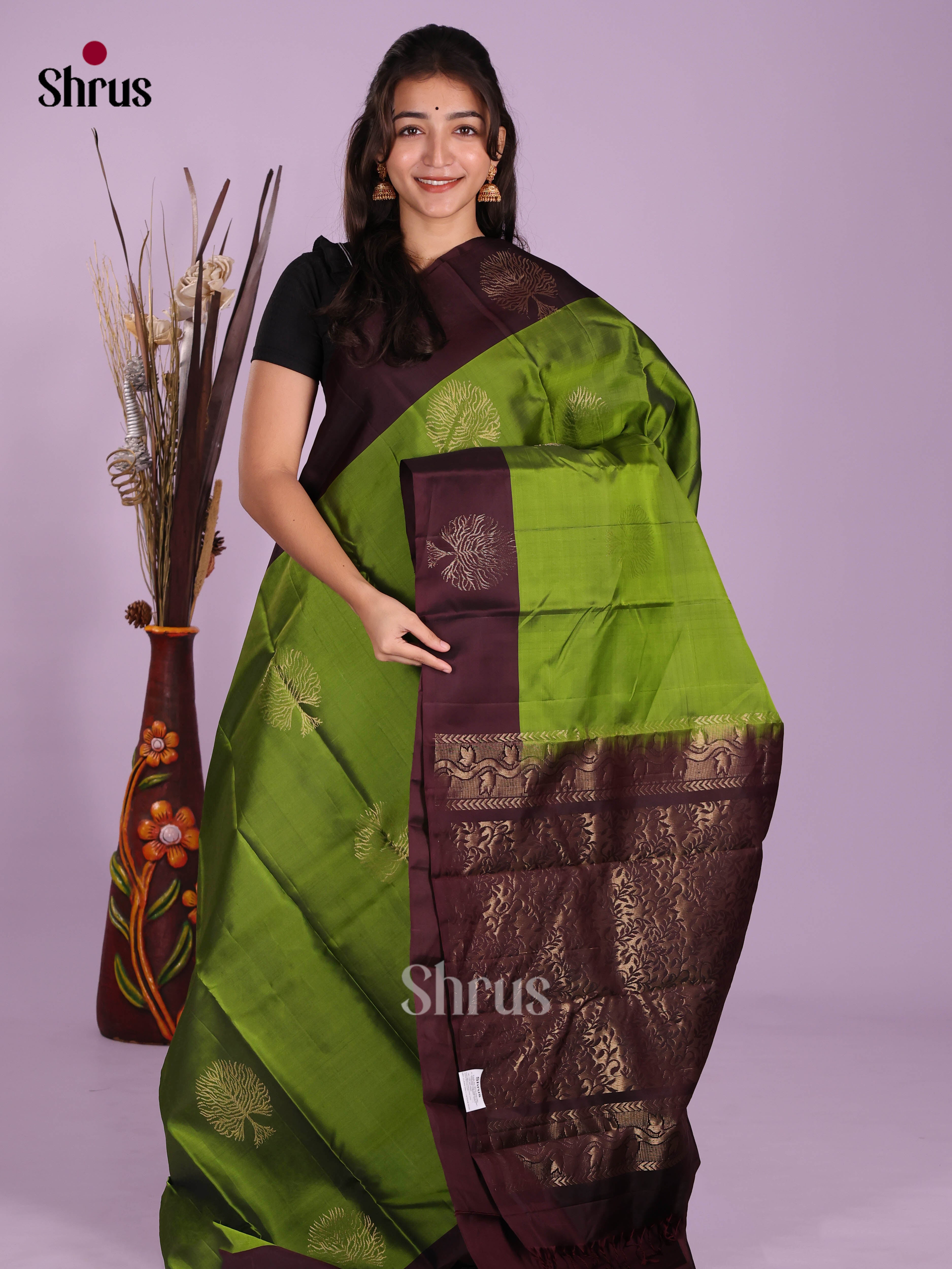 Green & Brown - Softsilk-halfpure Saree