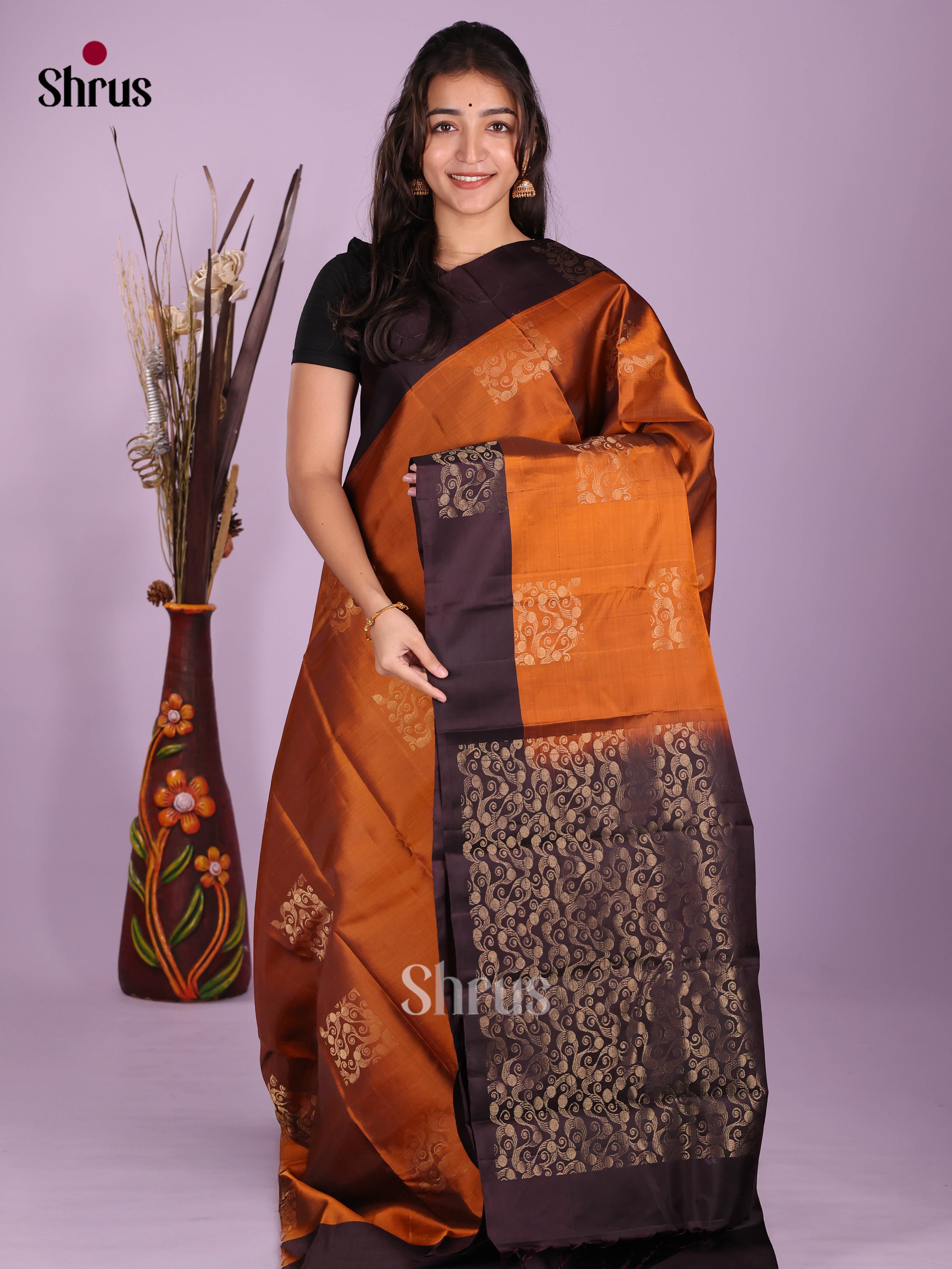Rust & Brown- Softsilk-halfpure Saree - Shop on Shrus.com