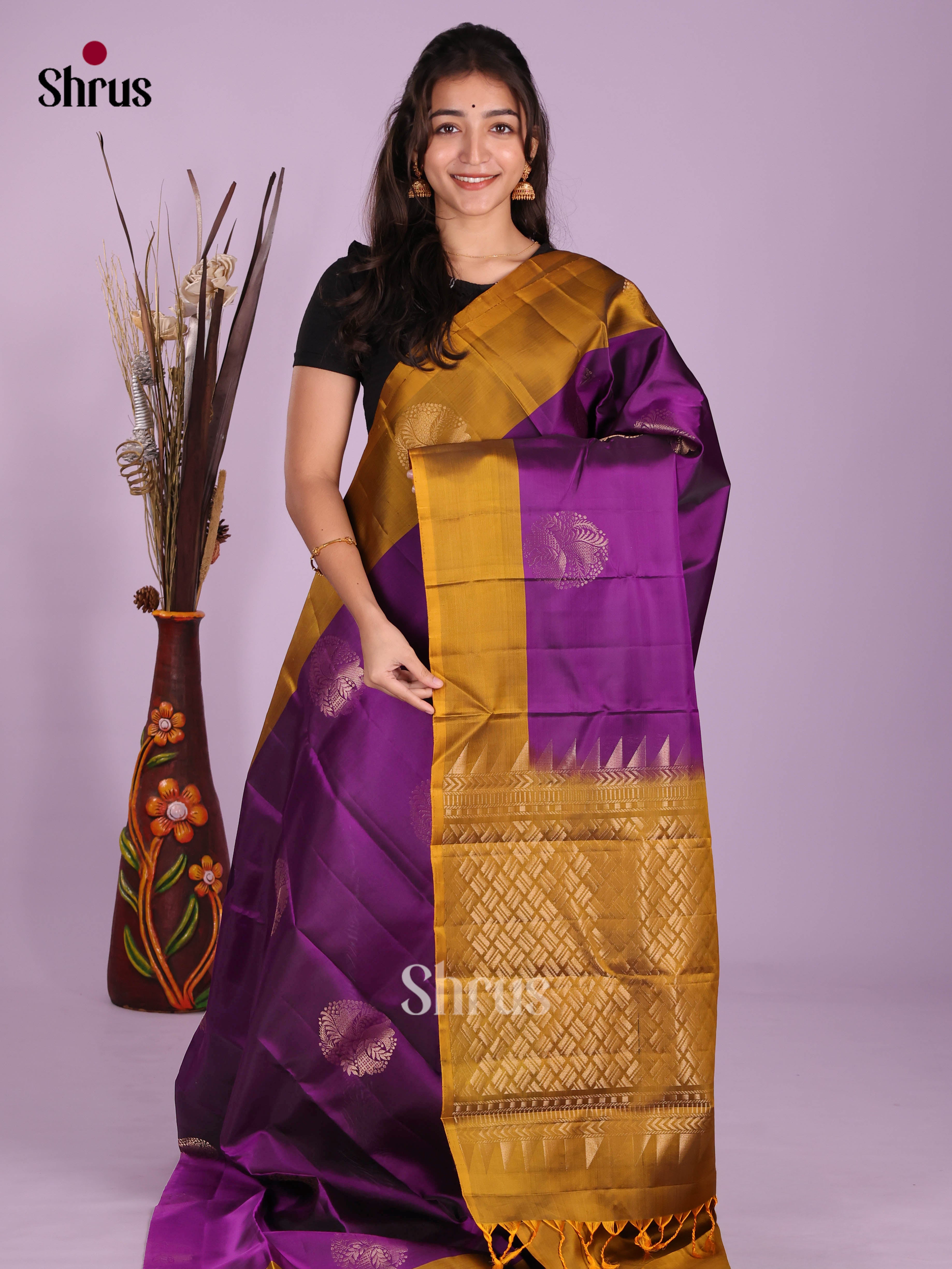 Violet & Mustard - Softsilk-halfpure Saree - Shop on Shrus.com