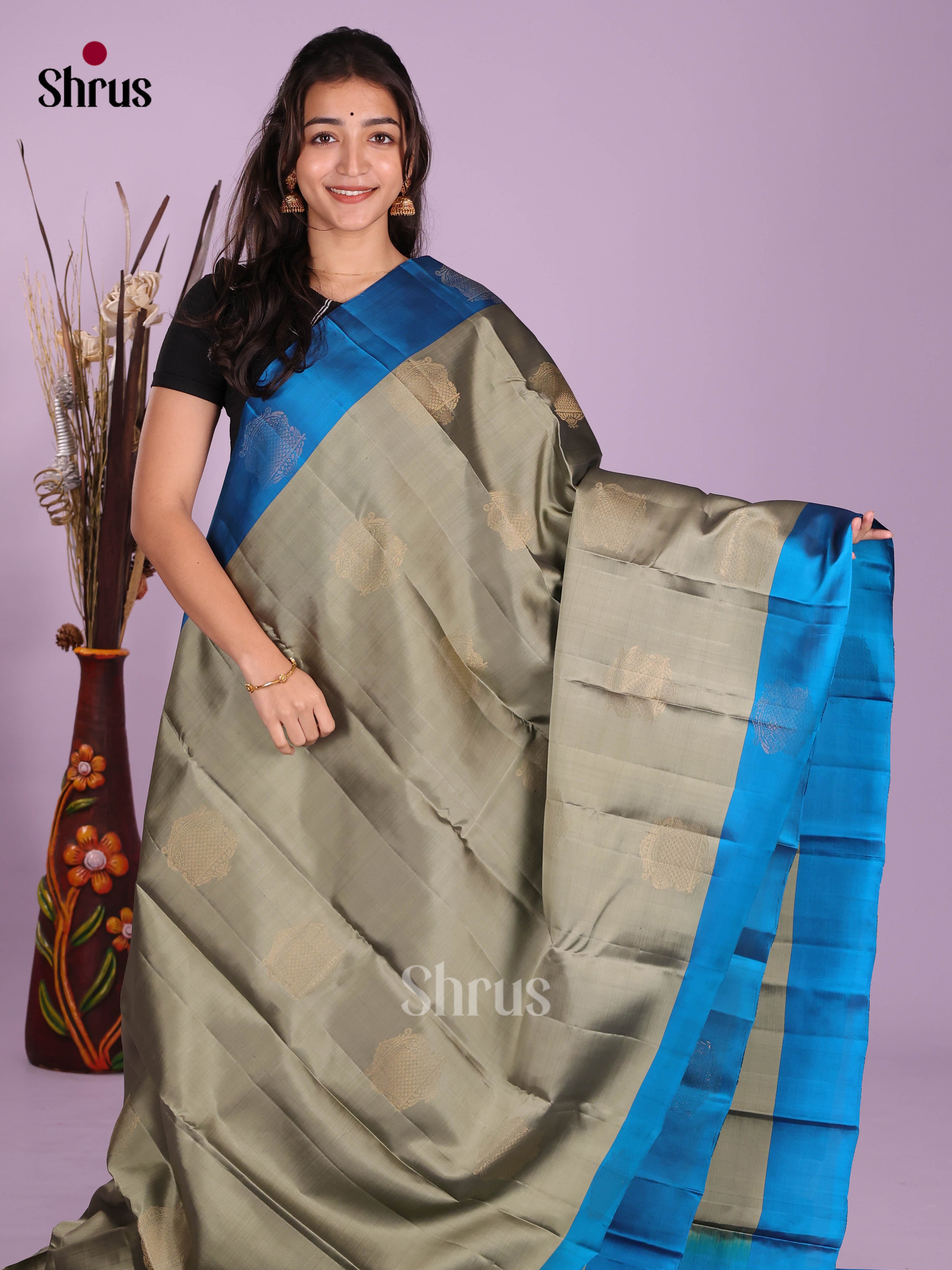 Grey & Blue - Softsilk-halfpure Saree - Shop on Shrus.com