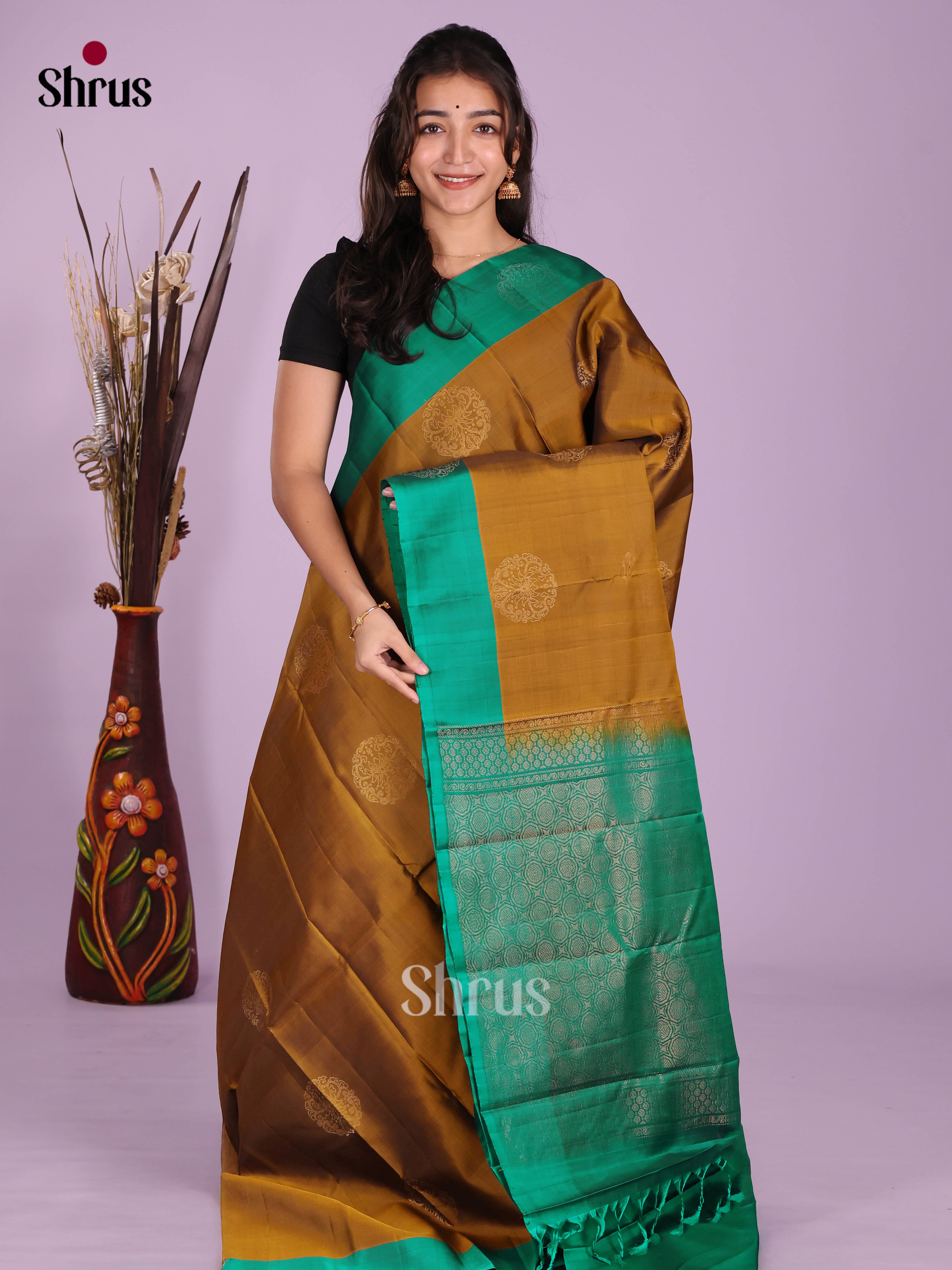 Mehandi & Green- Softsilk-halfpure Saree