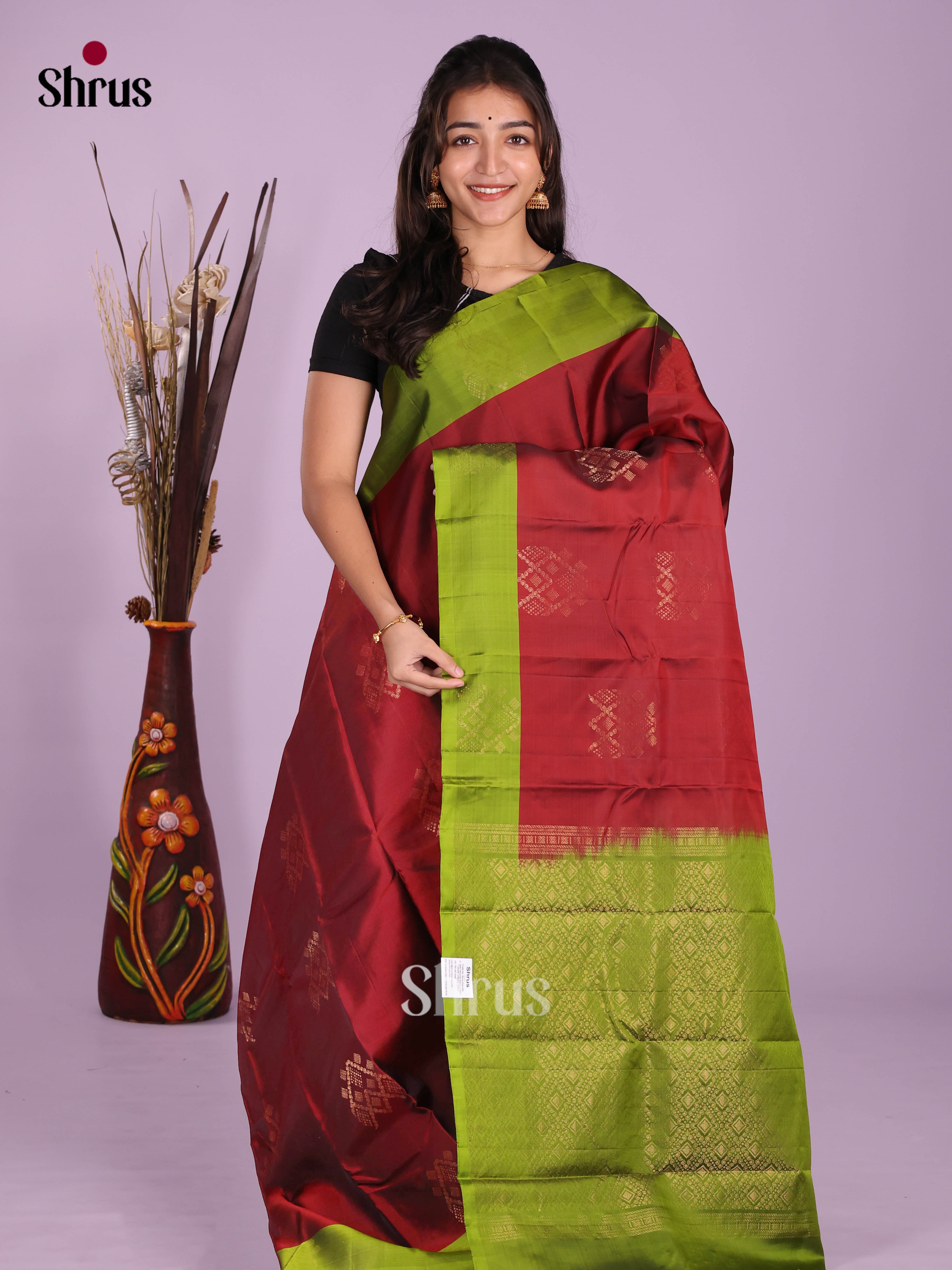 Maroon & Green - Softsilk-halfpure Saree