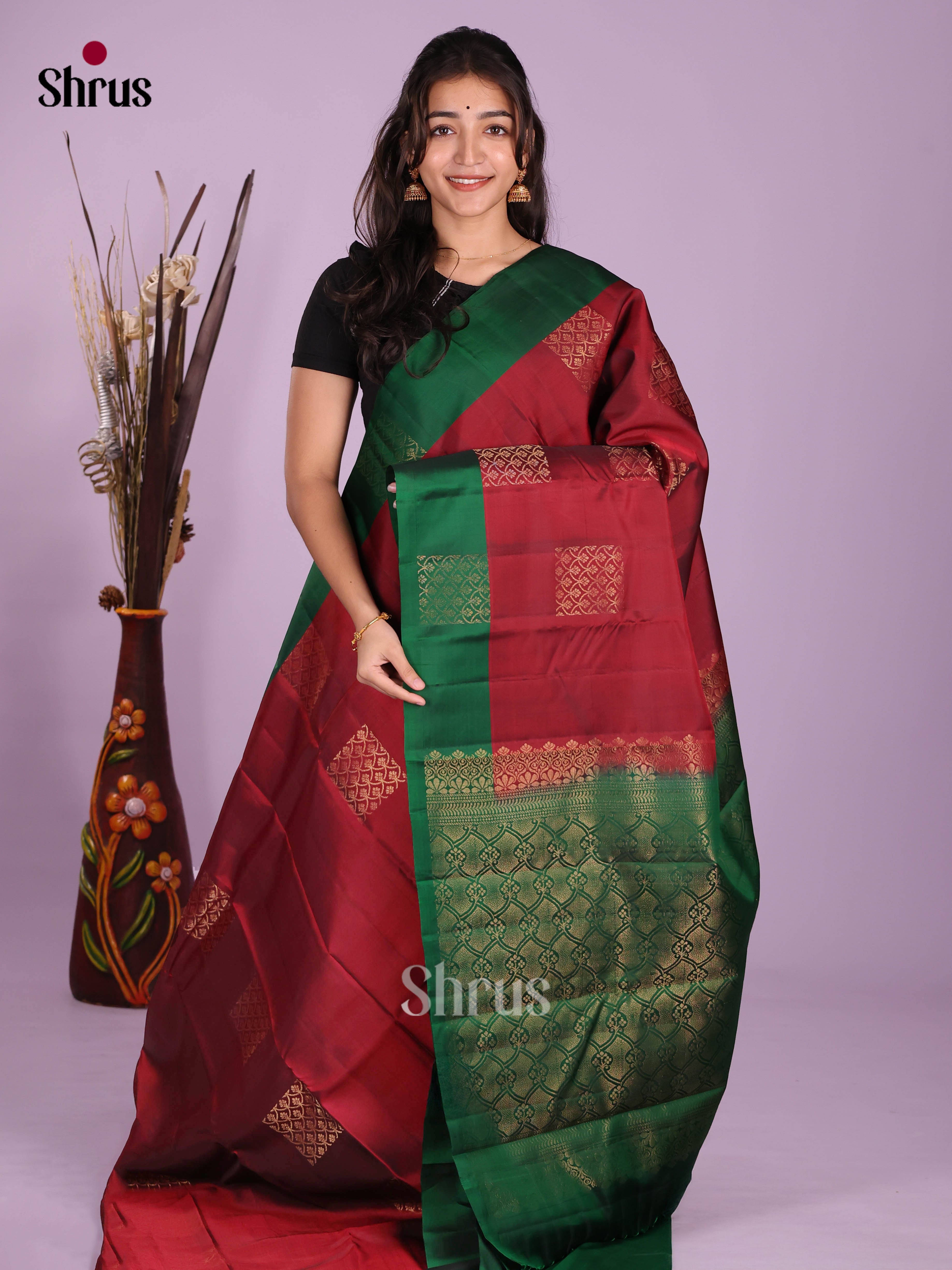 Maroon & Green - Softsilk-halfpure Saree