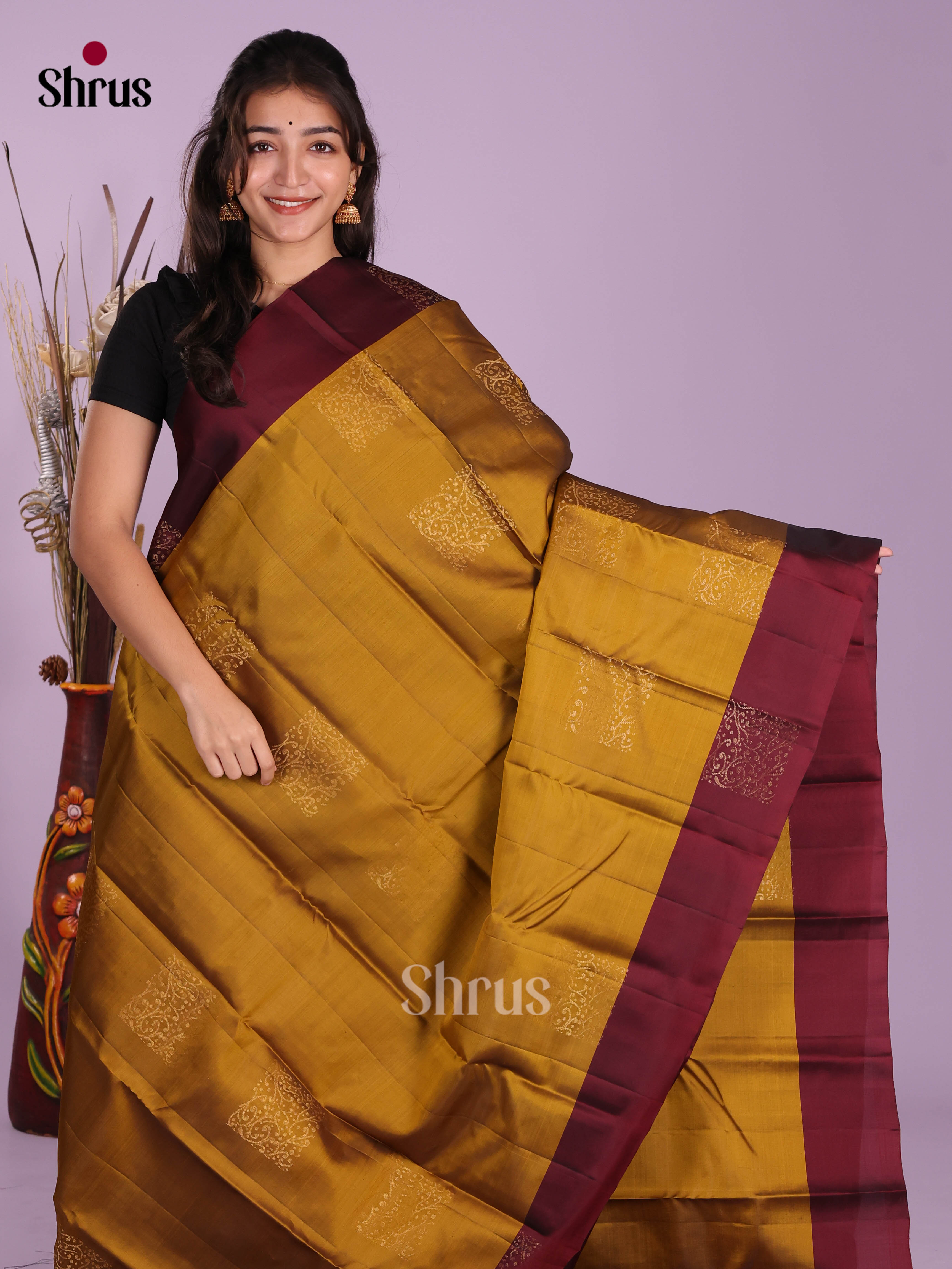 Mustard & Maroon - Softsilk-halfpure Saree