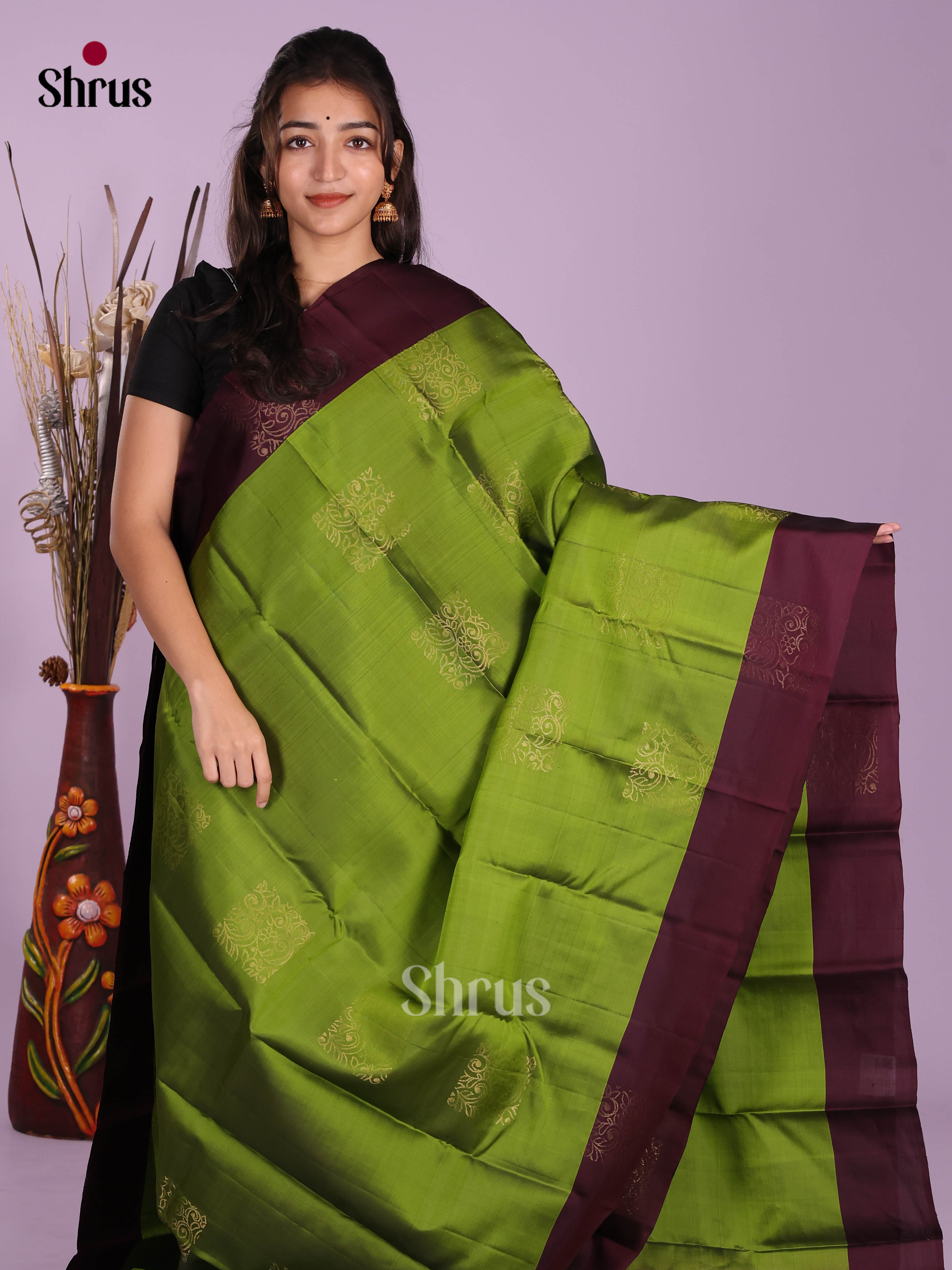Green & Maroon - Softsilk-halfpure Saree
