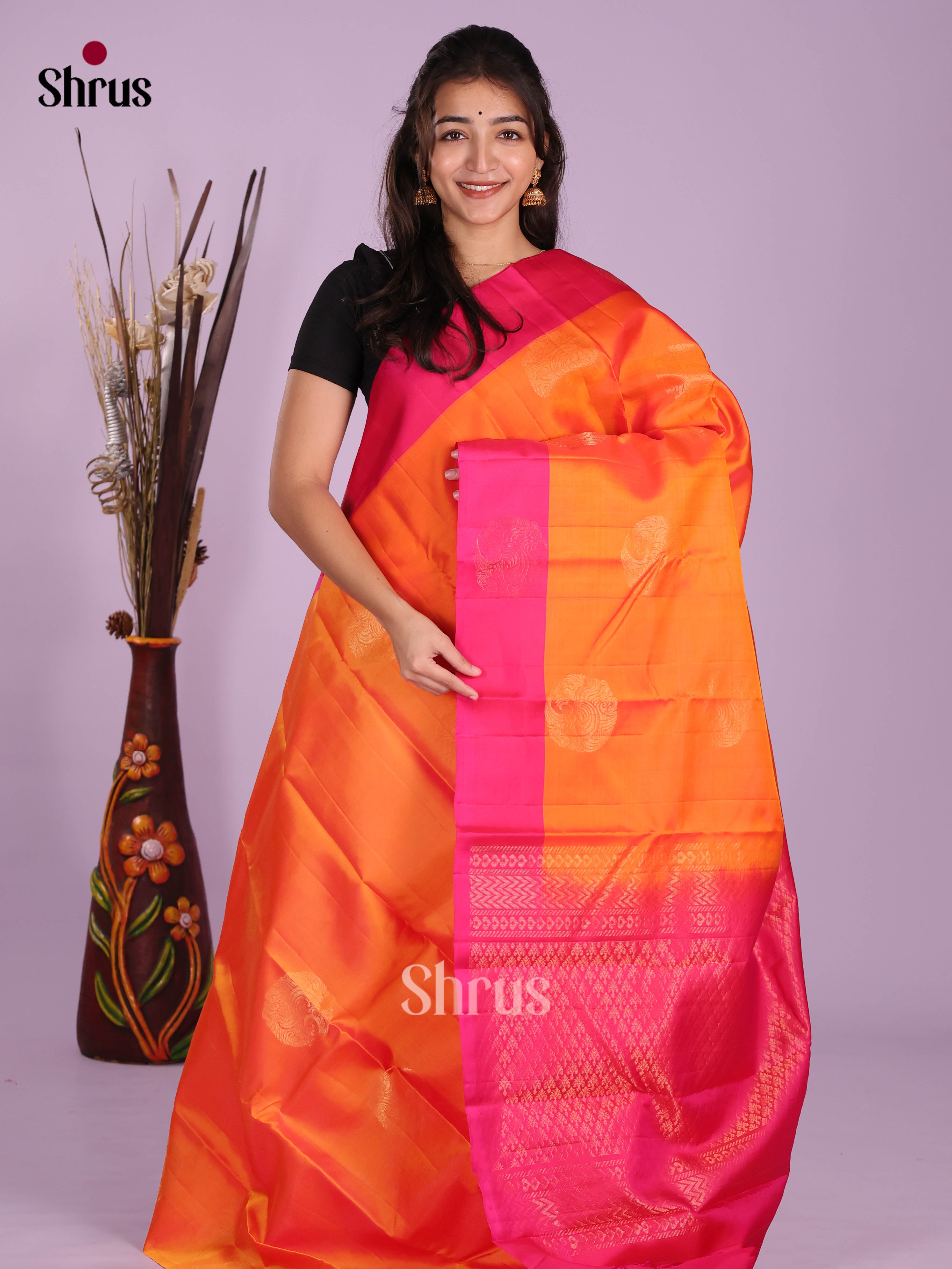 Orange & Pink - Softsilk-halfpure Saree - Shop on Shrus.com