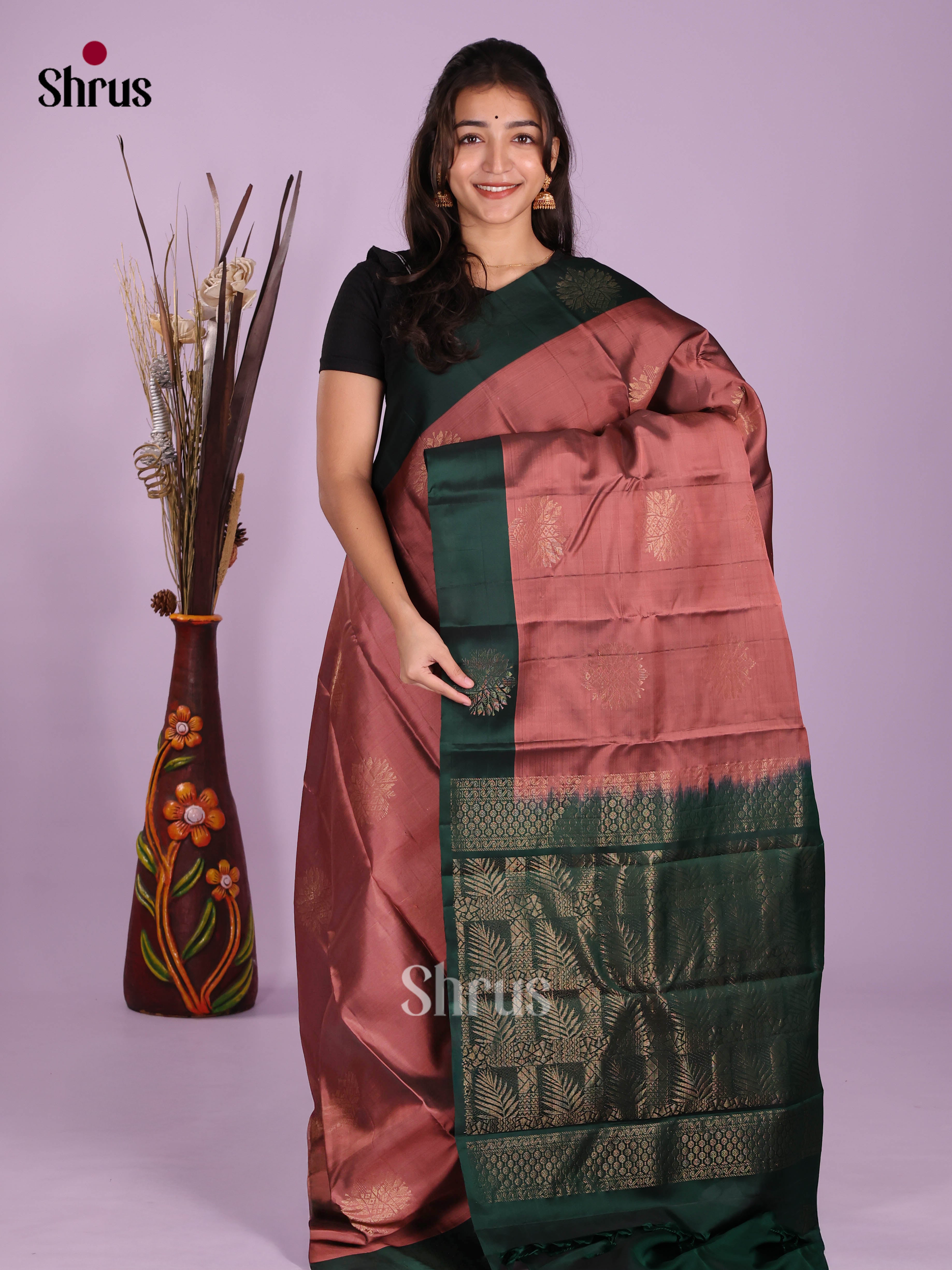 Brown & Green - Softsilk-halfpure Saree