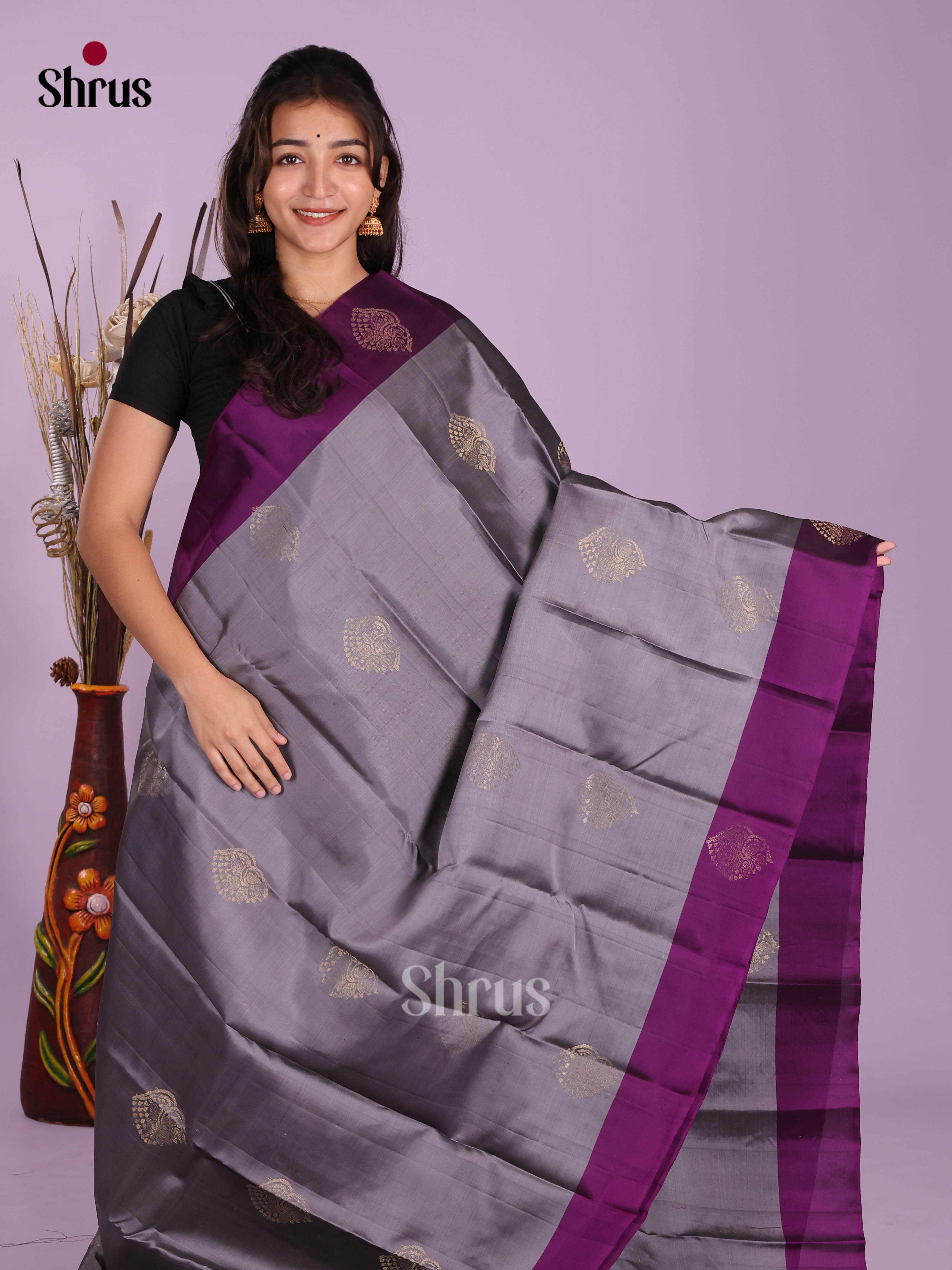 Grey & Violet - Softsilk-halfpure Saree