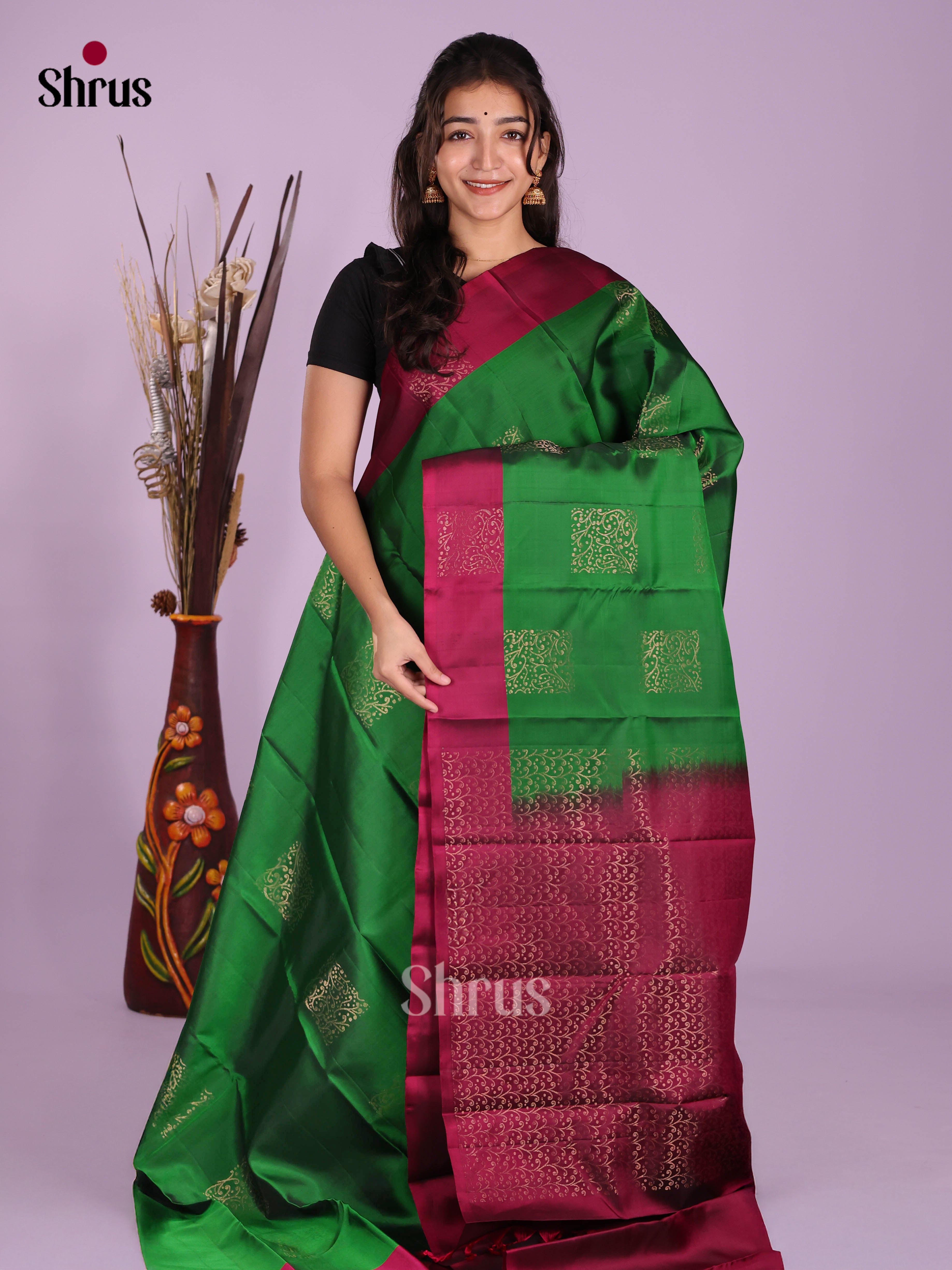 Green & Maroon - Softsilk-halfpure Saree