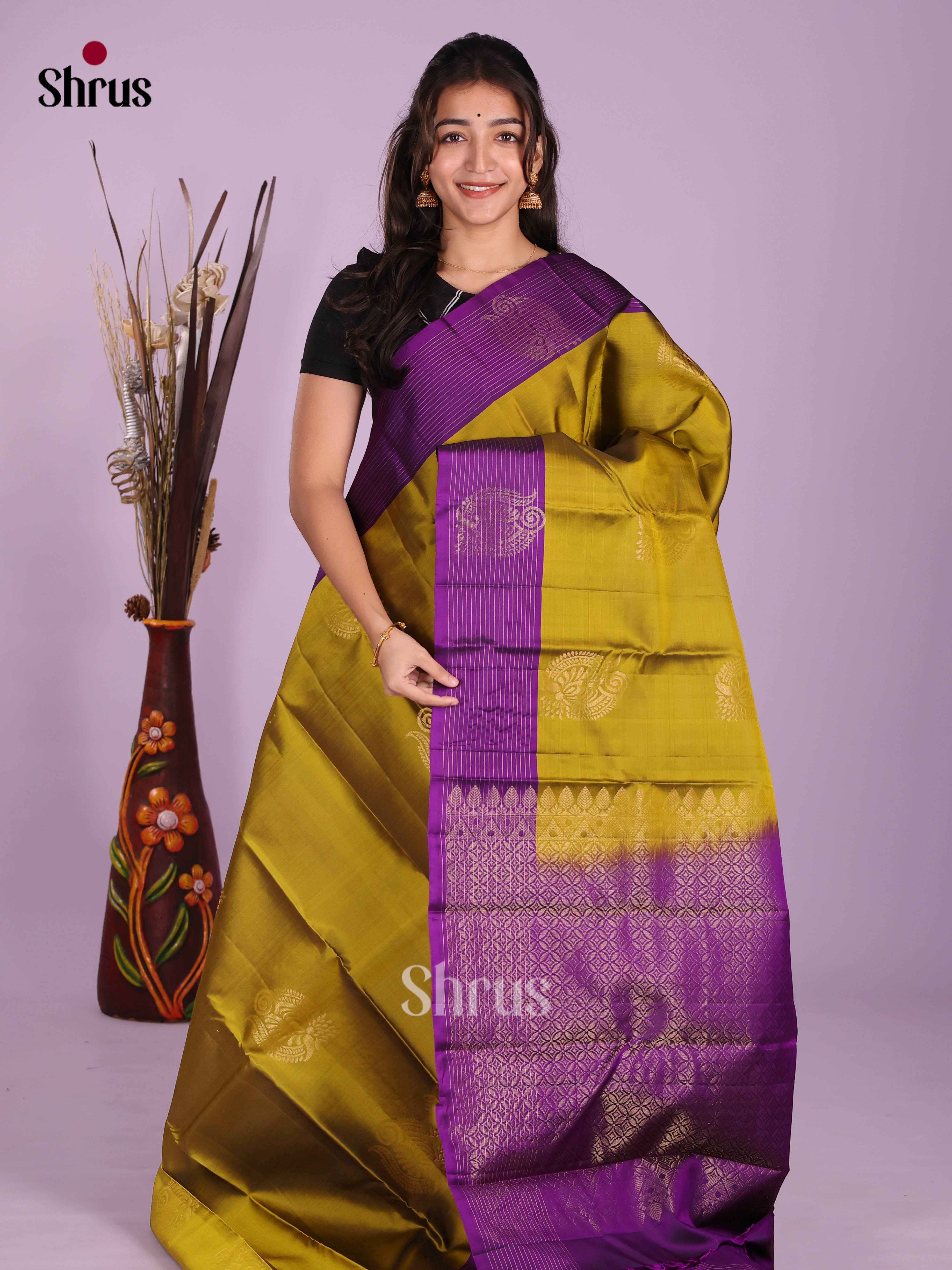 Mehandi Green & Violet- Softsilk-halfpure Saree - Shop on Shrus.com