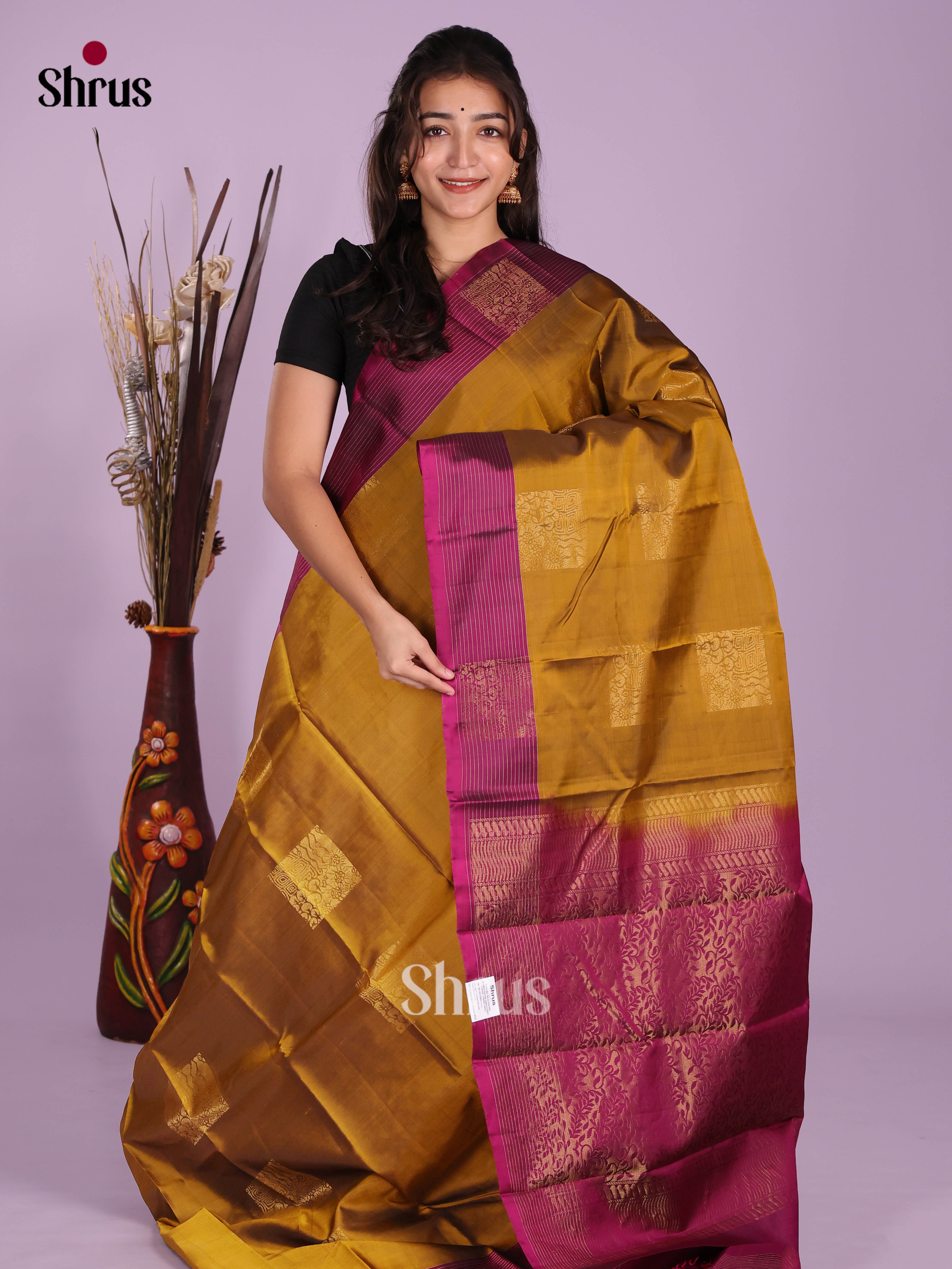 Mustard & Purple - Softsilk-halfpure Saree - Shop on Shrus.com