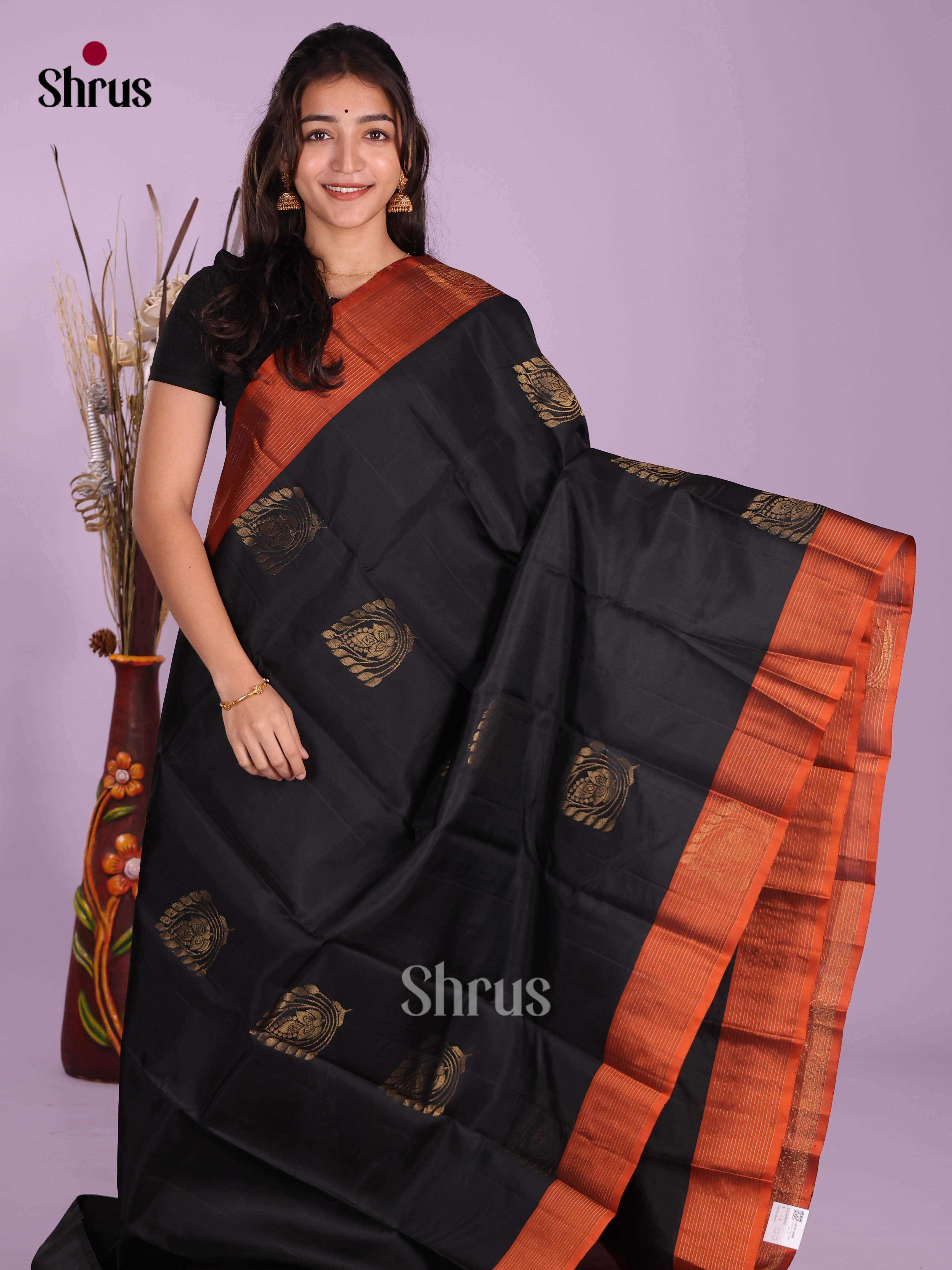 Black & Rust- Softsilk-halfpure Saree - Shop on Shrus.com