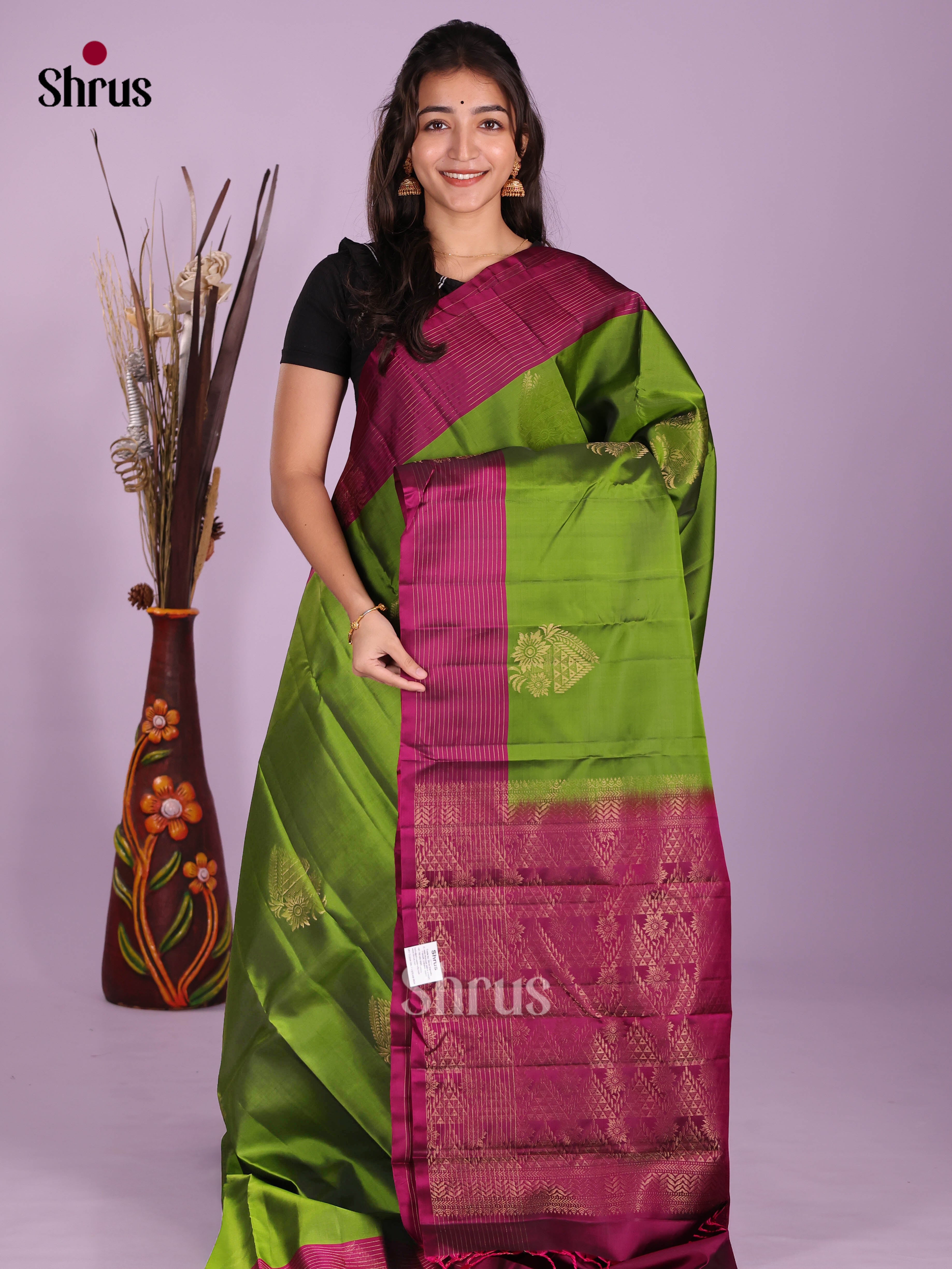 Leaf Green & Purple - Softsilk-halfpure Saree - Shop on Shrus.com