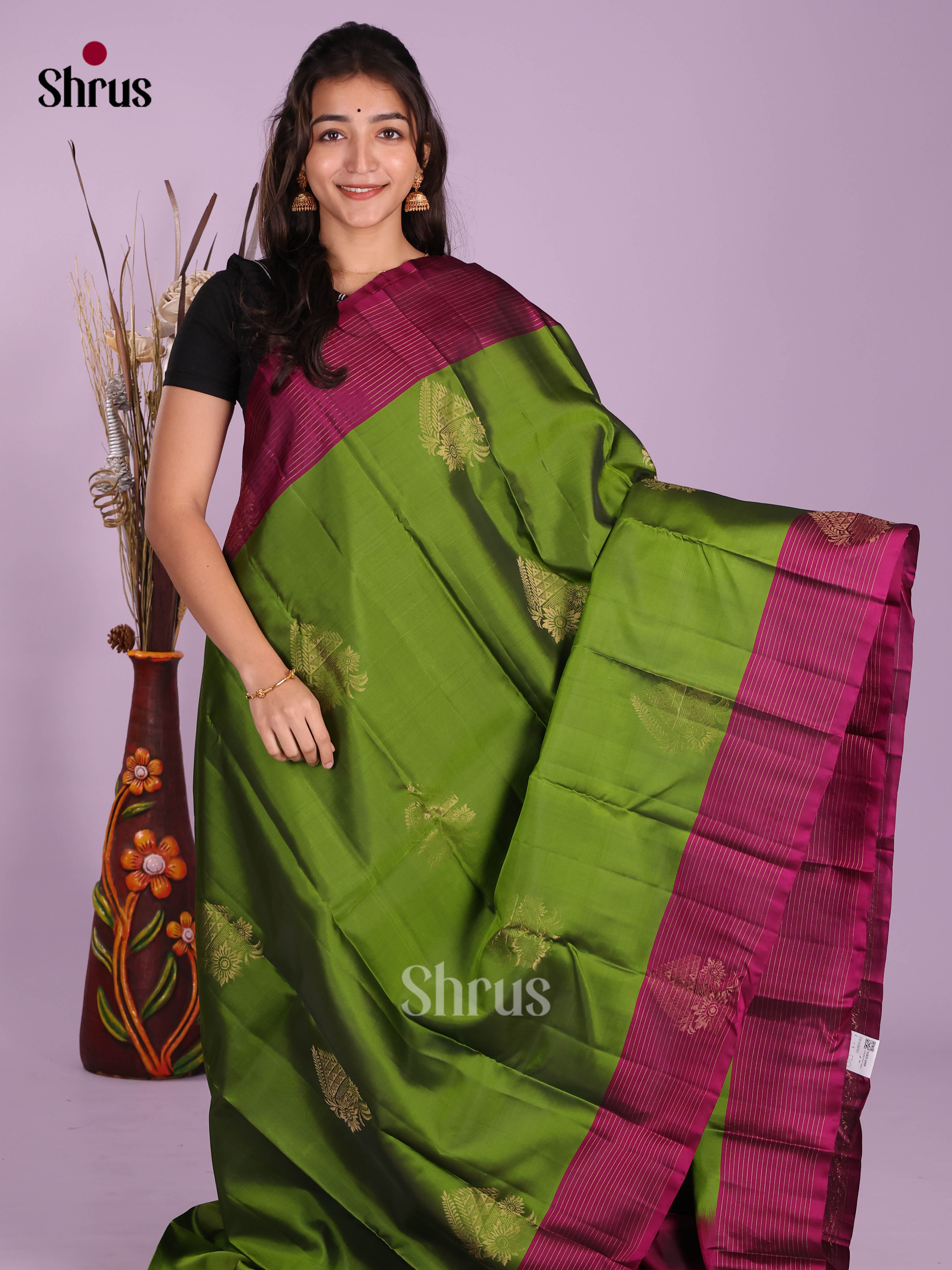 Leaf Green & Purple - Softsilk-halfpure Saree - Shop on Shrus.com