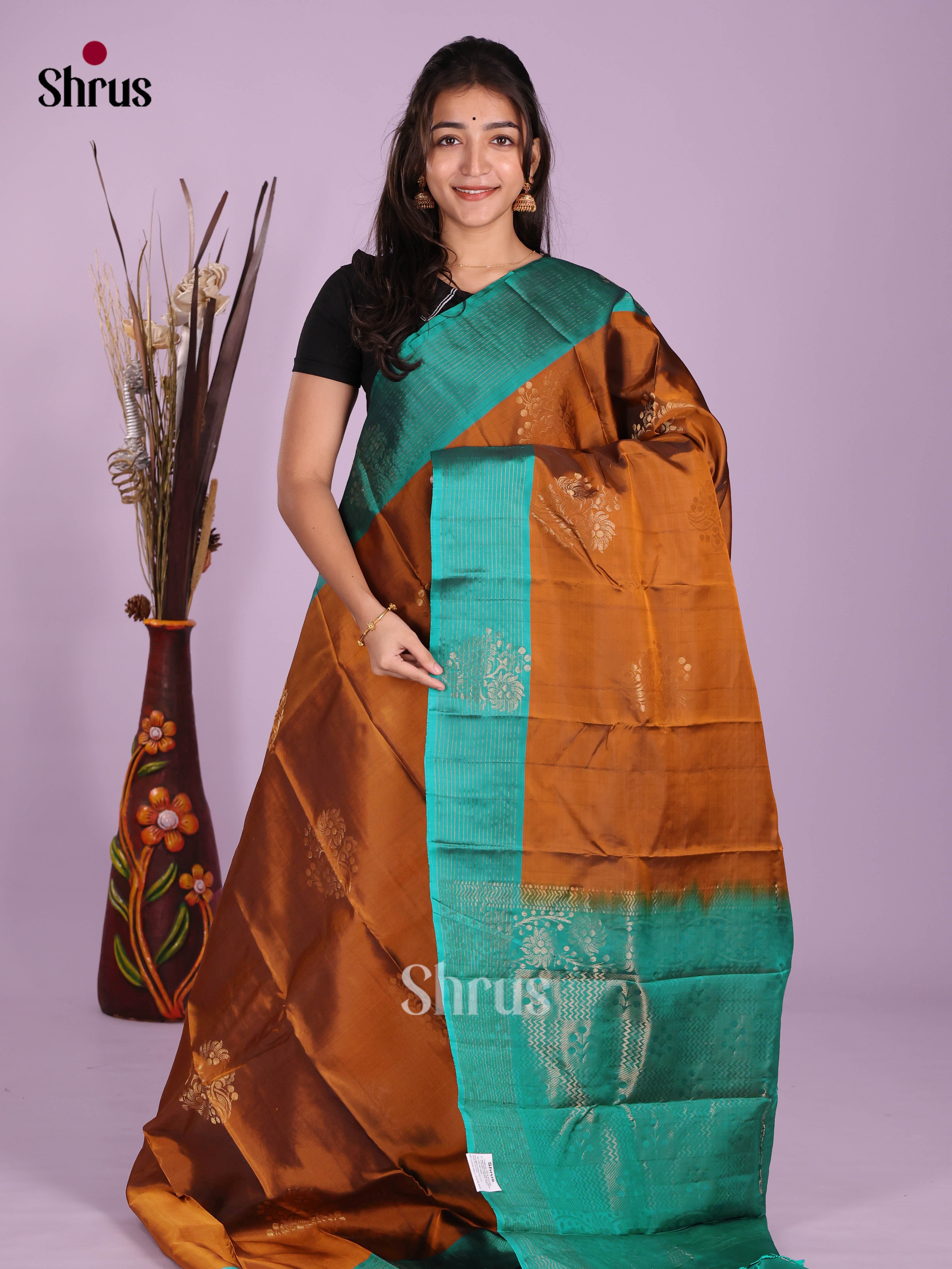 Mustardy Brown & Green - Softsilk-halfpure Saree