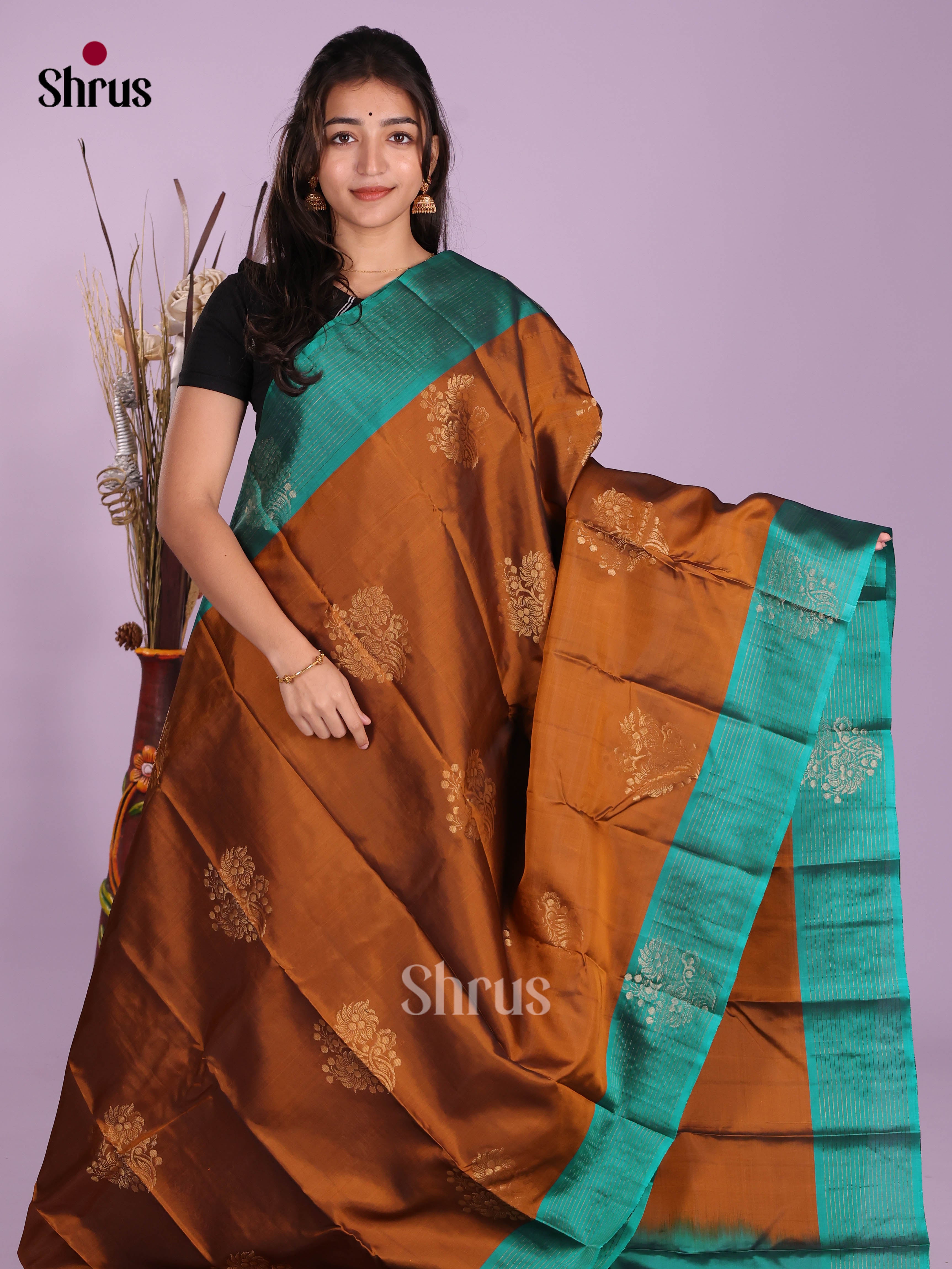 Mustardy Brown & Green - Softsilk-halfpure Saree