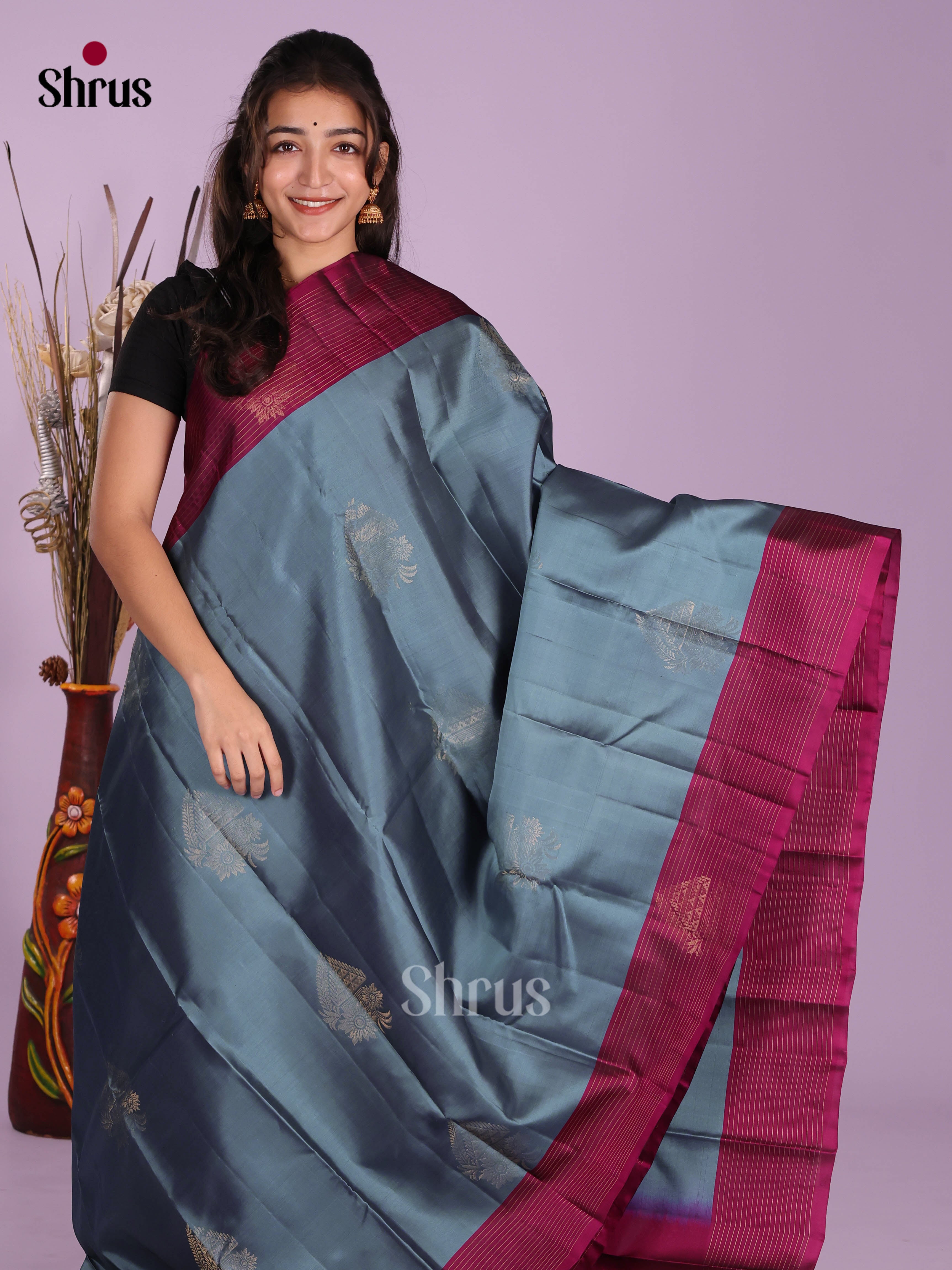 Blue & Wine - Softsilk-halfpure Saree