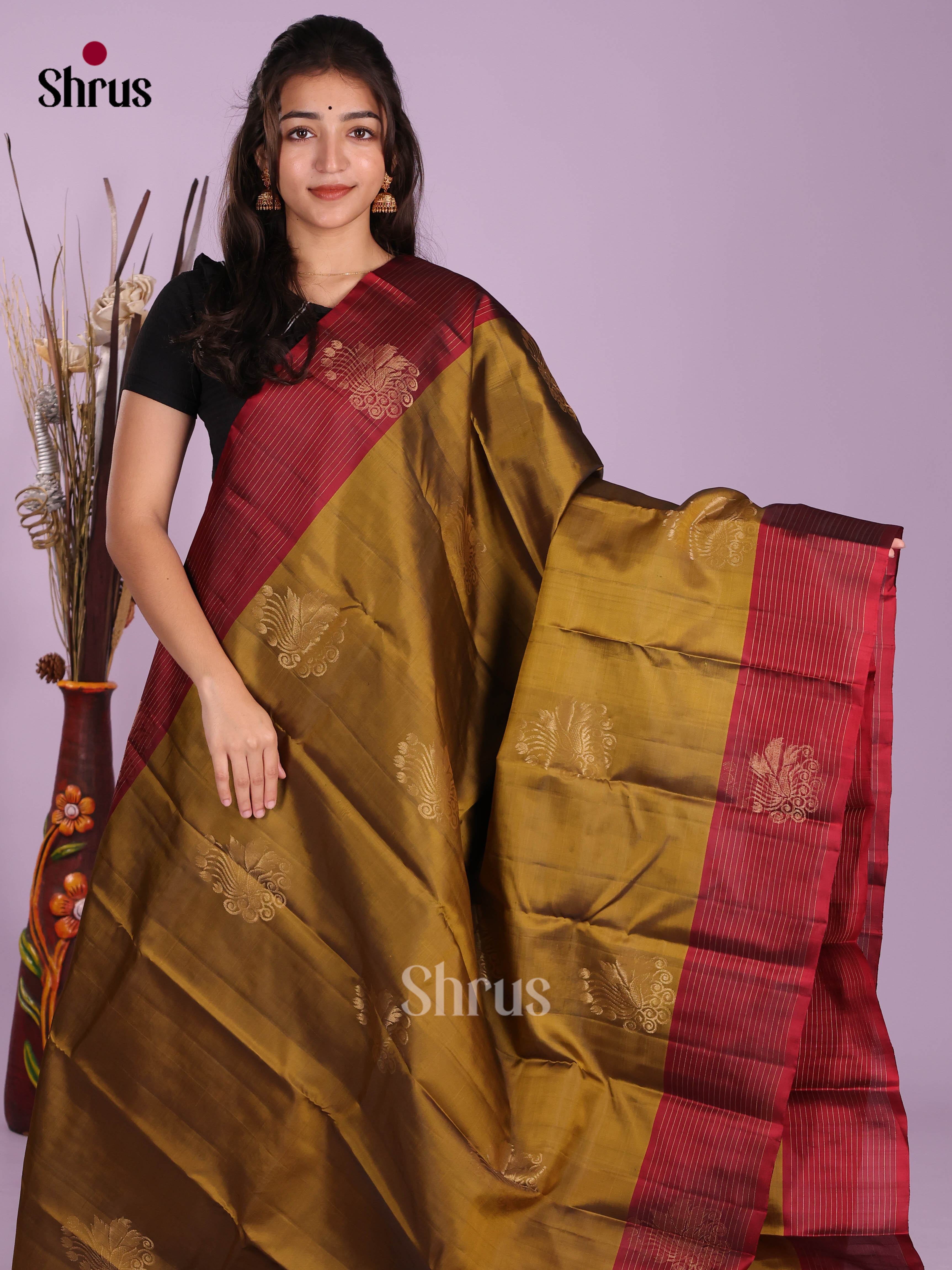 Mehandi & Maroon - Softsilk-halfpure Saree