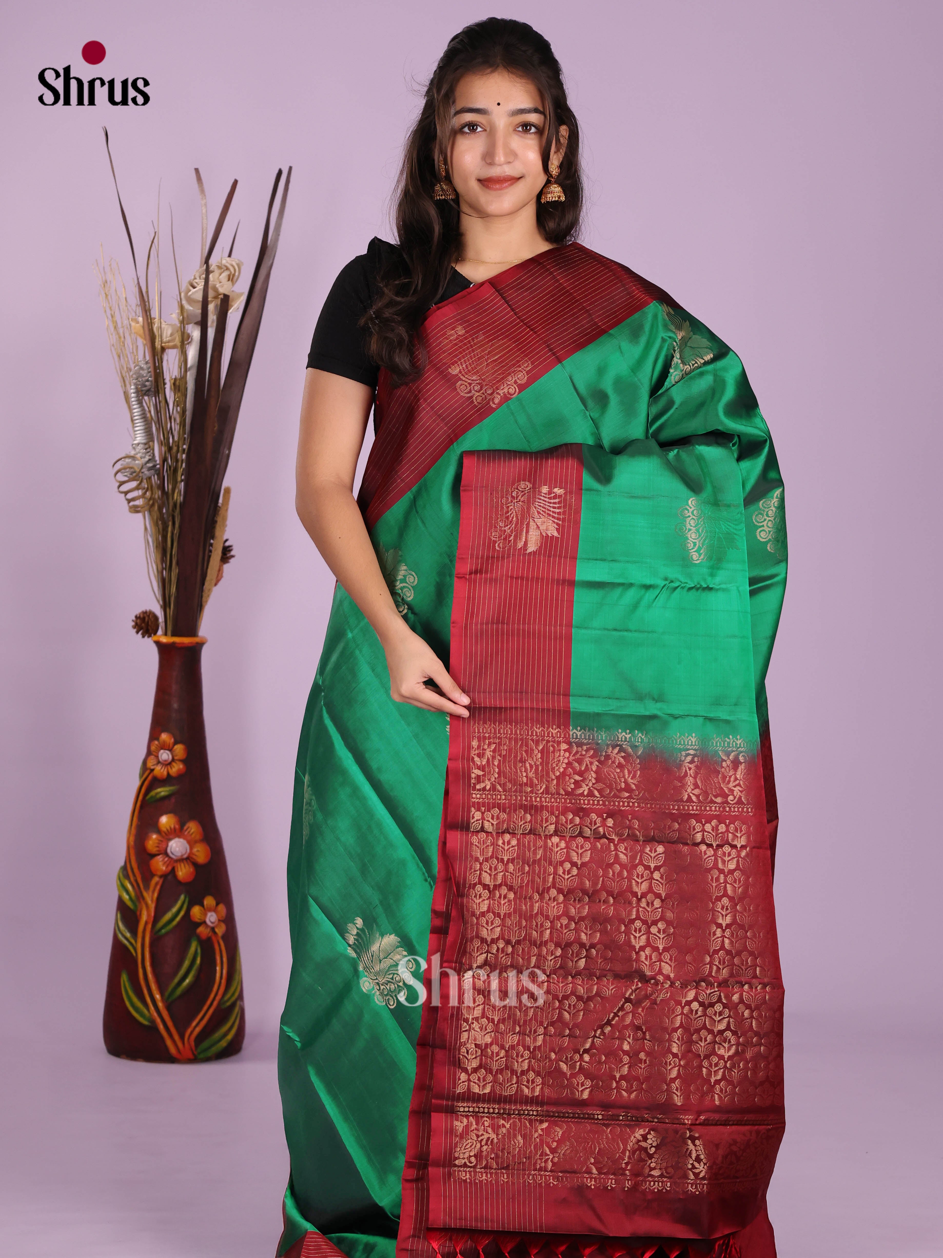 Green & Maroon - Softsilk-halfpure Saree