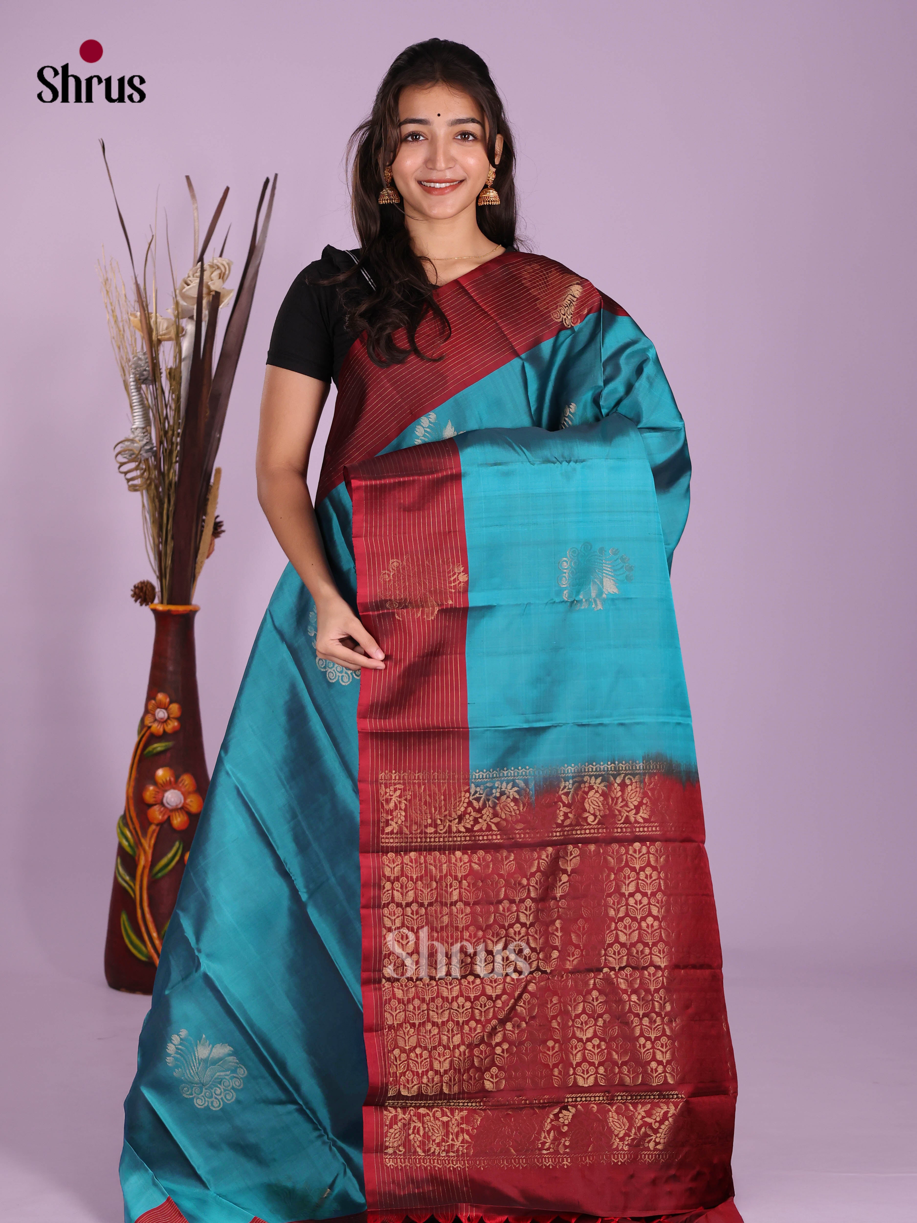 blue & Maroon - Softsilk-halfpure Saree