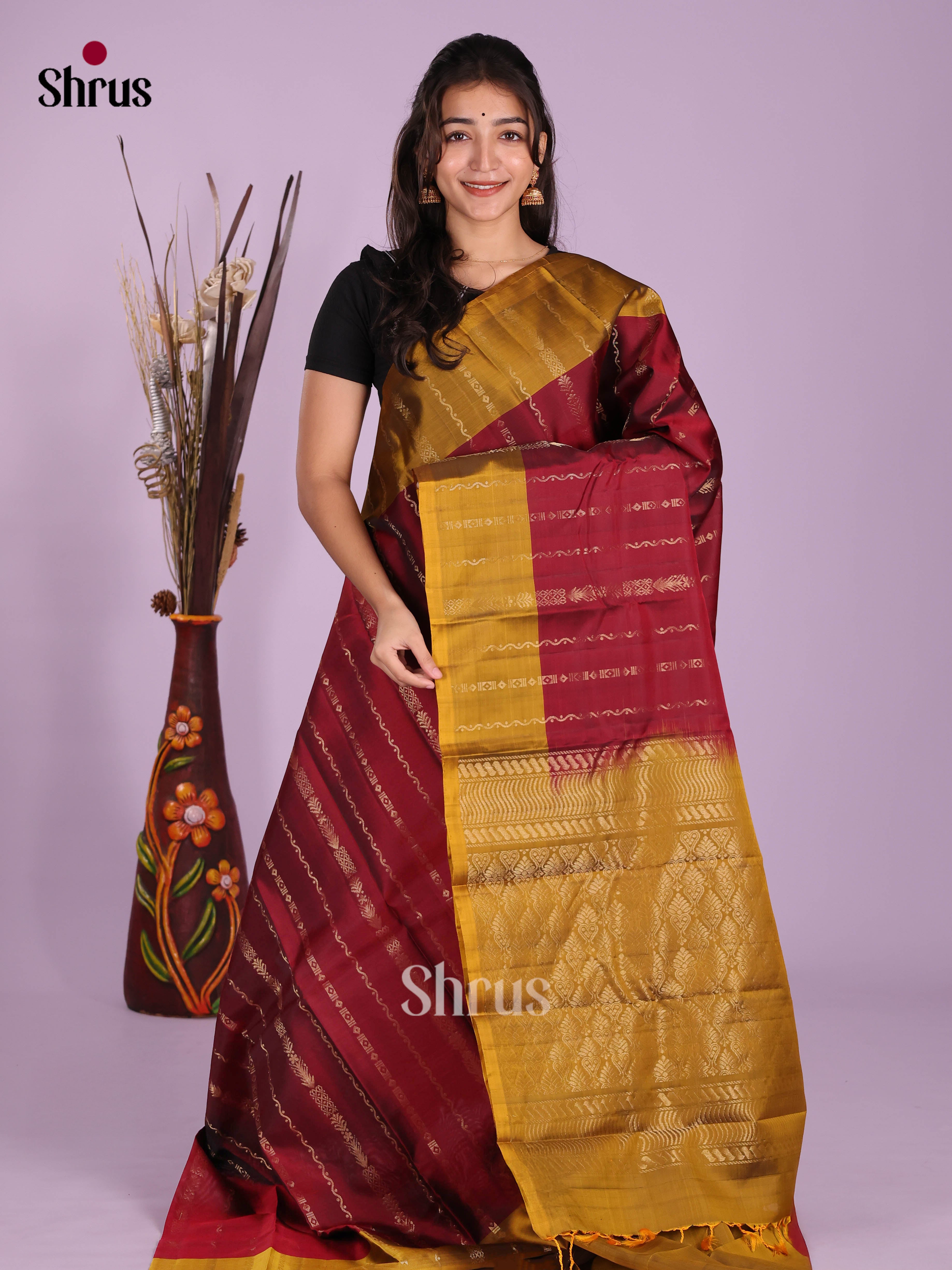 Maroon & Mustard- Softsilk-halfpure Saree