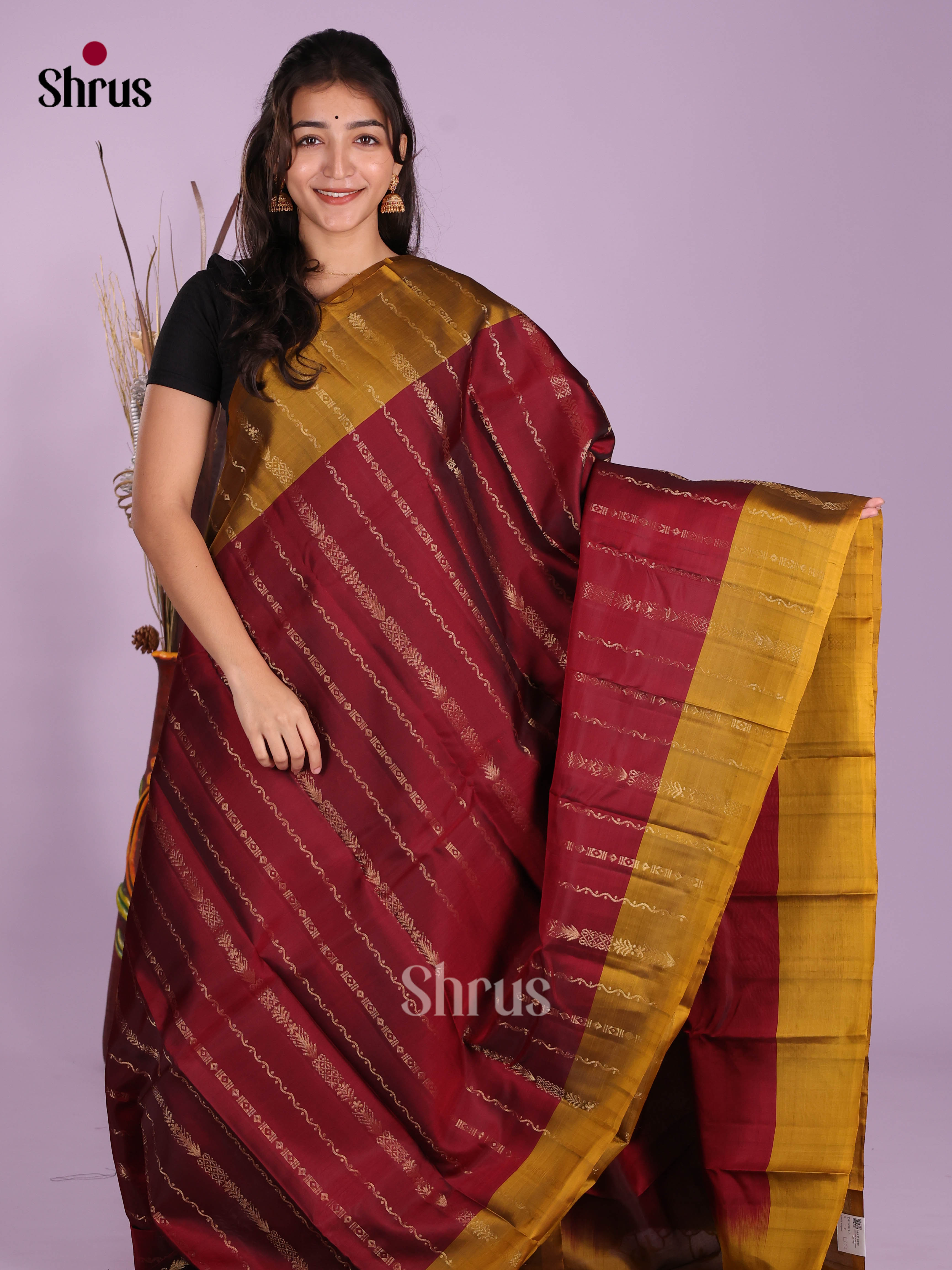 Maroon & Mustard- Softsilk-halfpure Saree