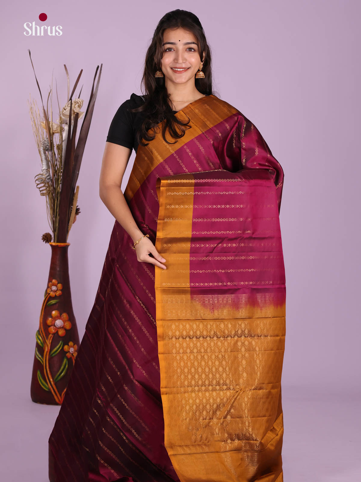 Maroon & Mustard- Softsilk-halfpure Saree - Shop on Shrus.com