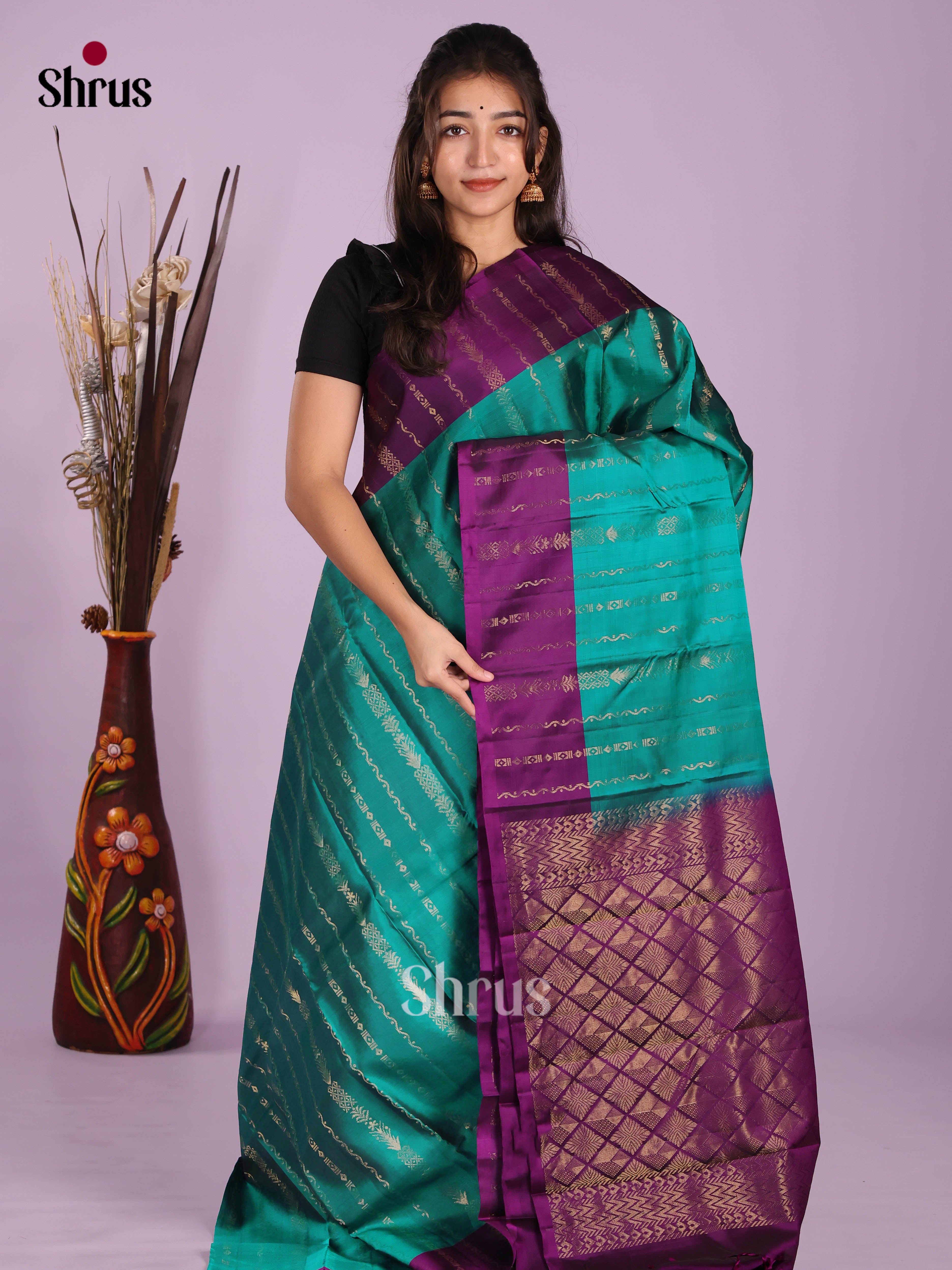 Green & Violet- Softsilk-halfpure Saree