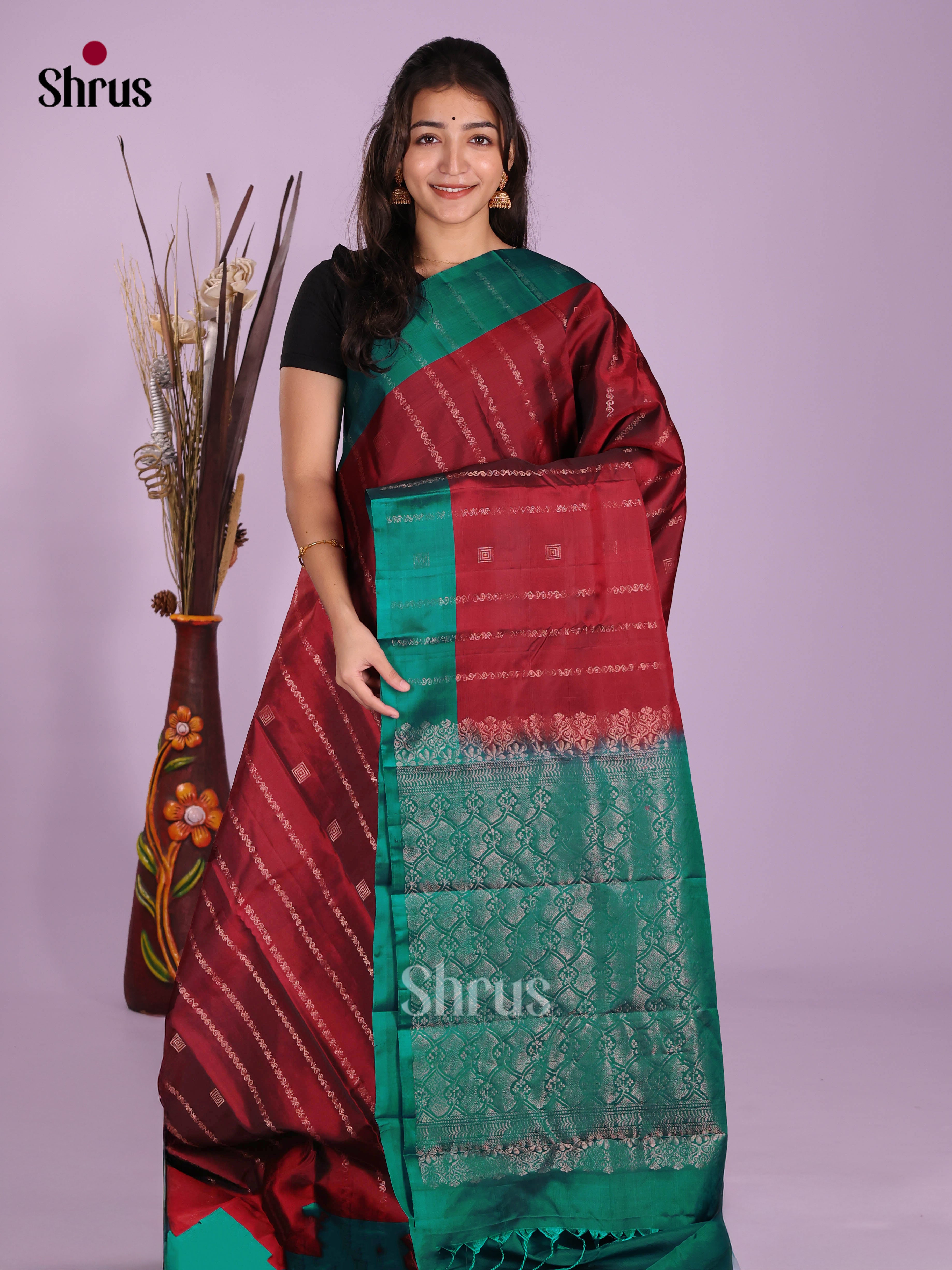 Maroon & Green - Softsilk-halfpure Saree - Shop on Shrus.com