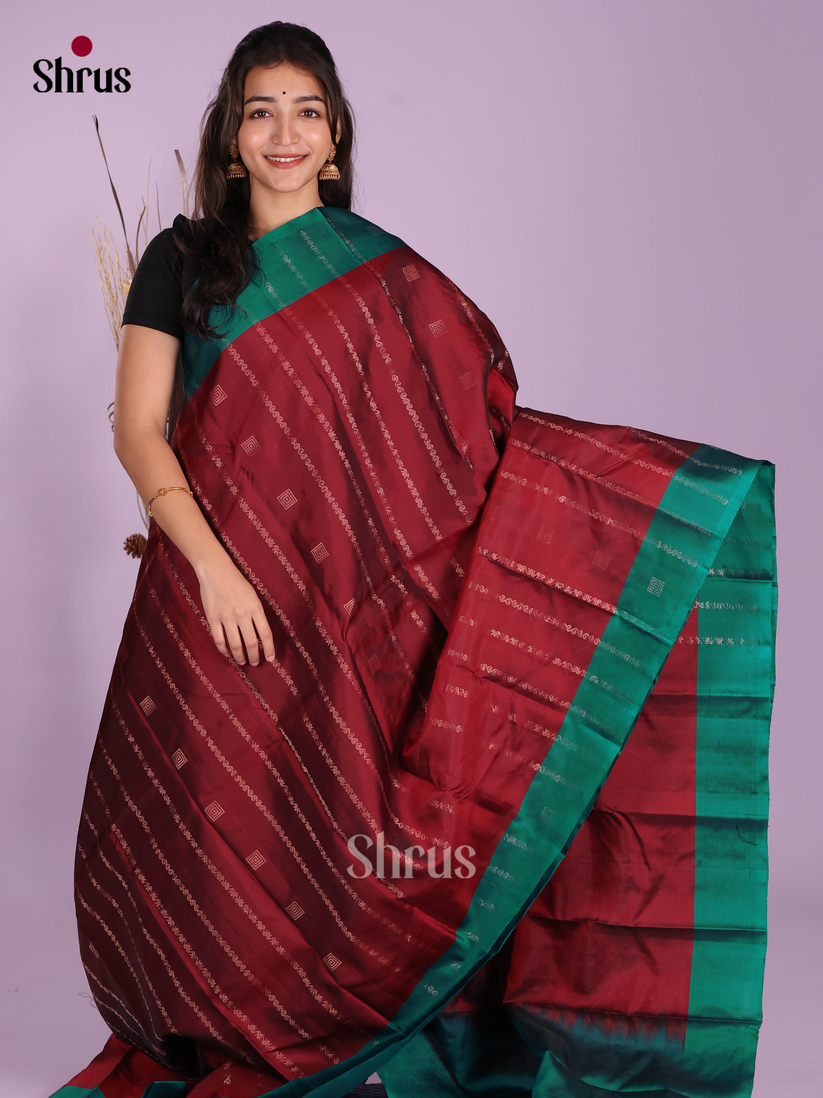 Maroon & Green - Softsilk-halfpure Saree - Shop on Shrus.com