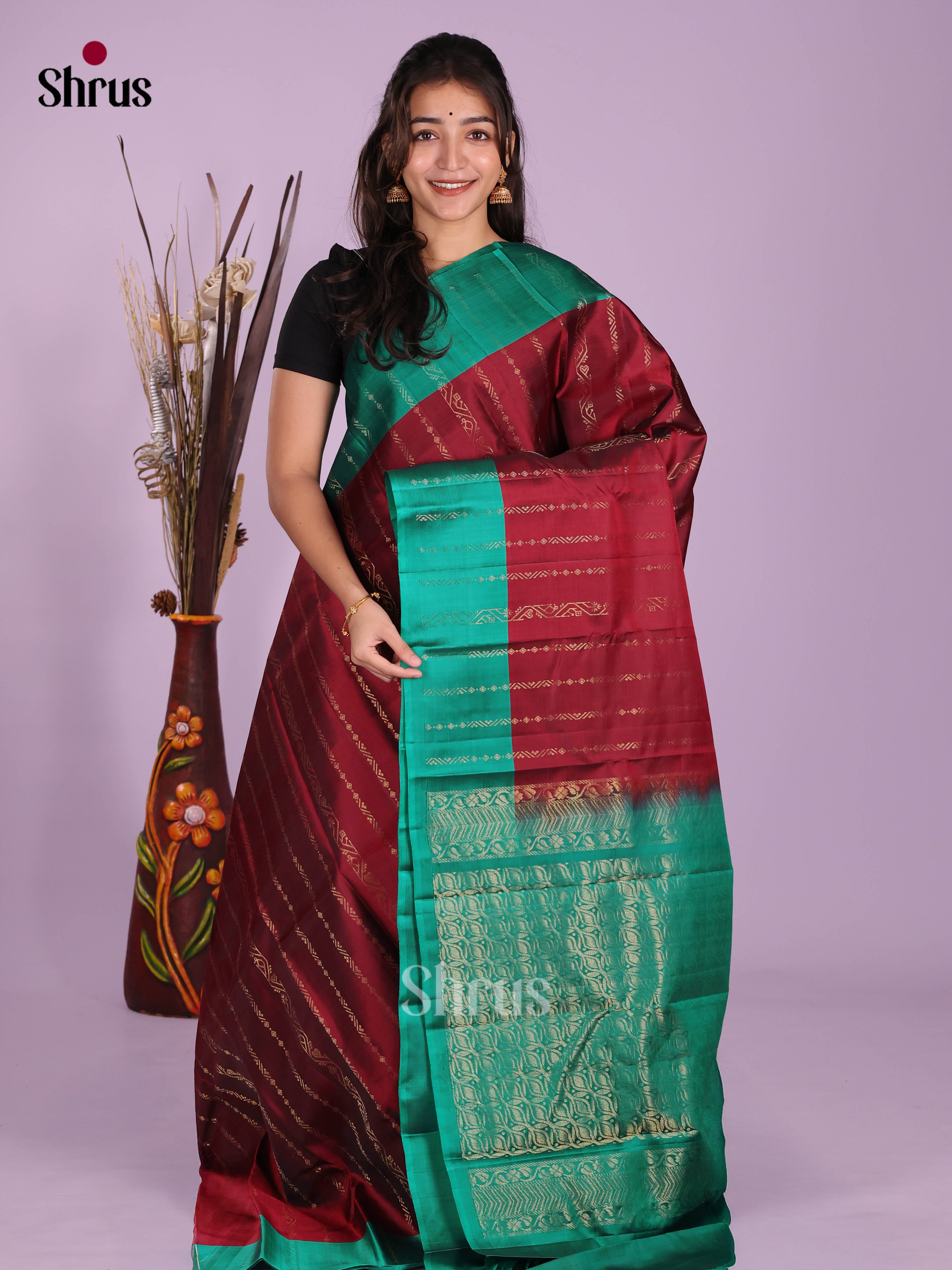 Maroon & Green - Softsilk-halfpure Saree