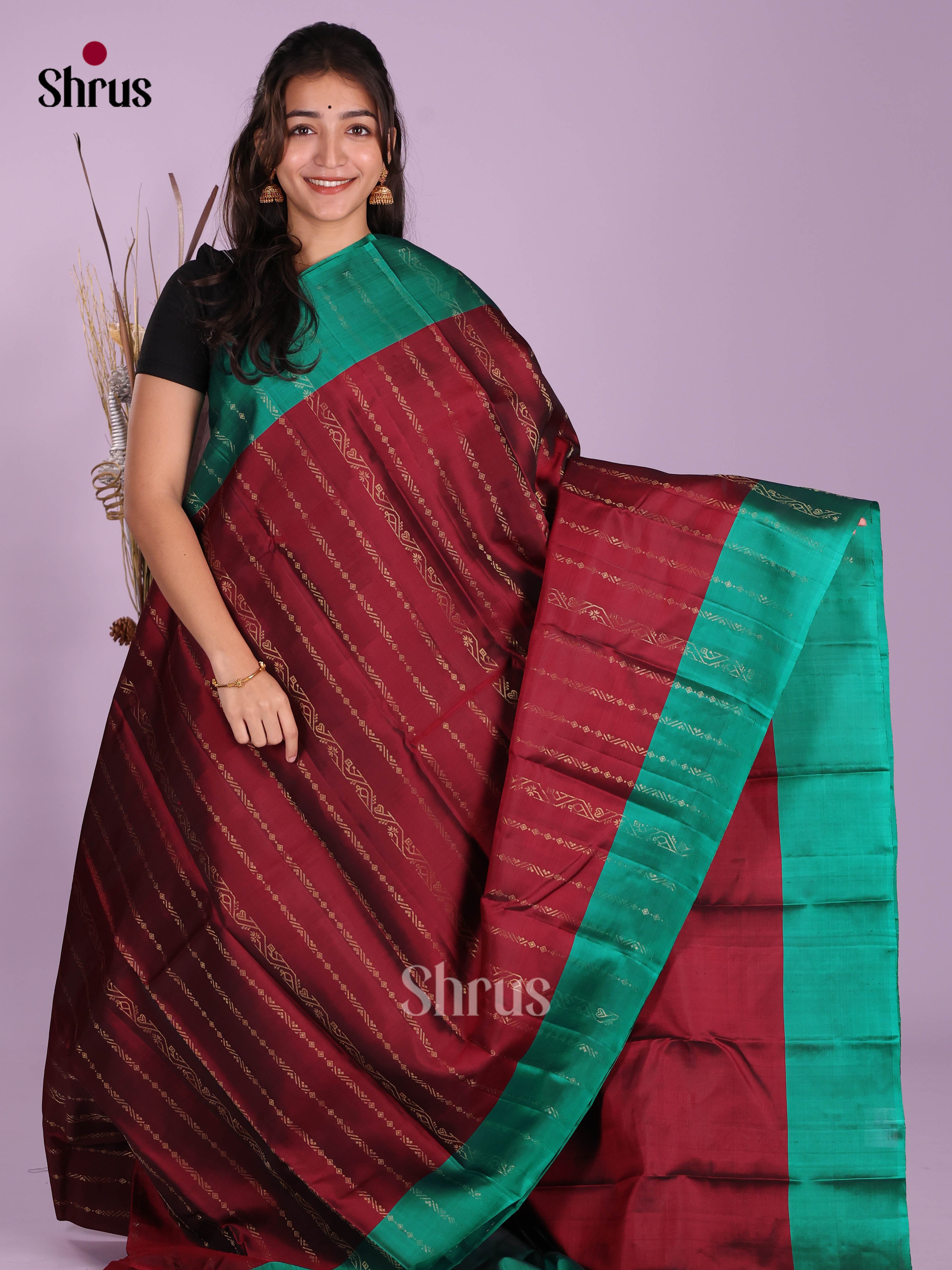 Maroon & Green - Softsilk-halfpure Saree