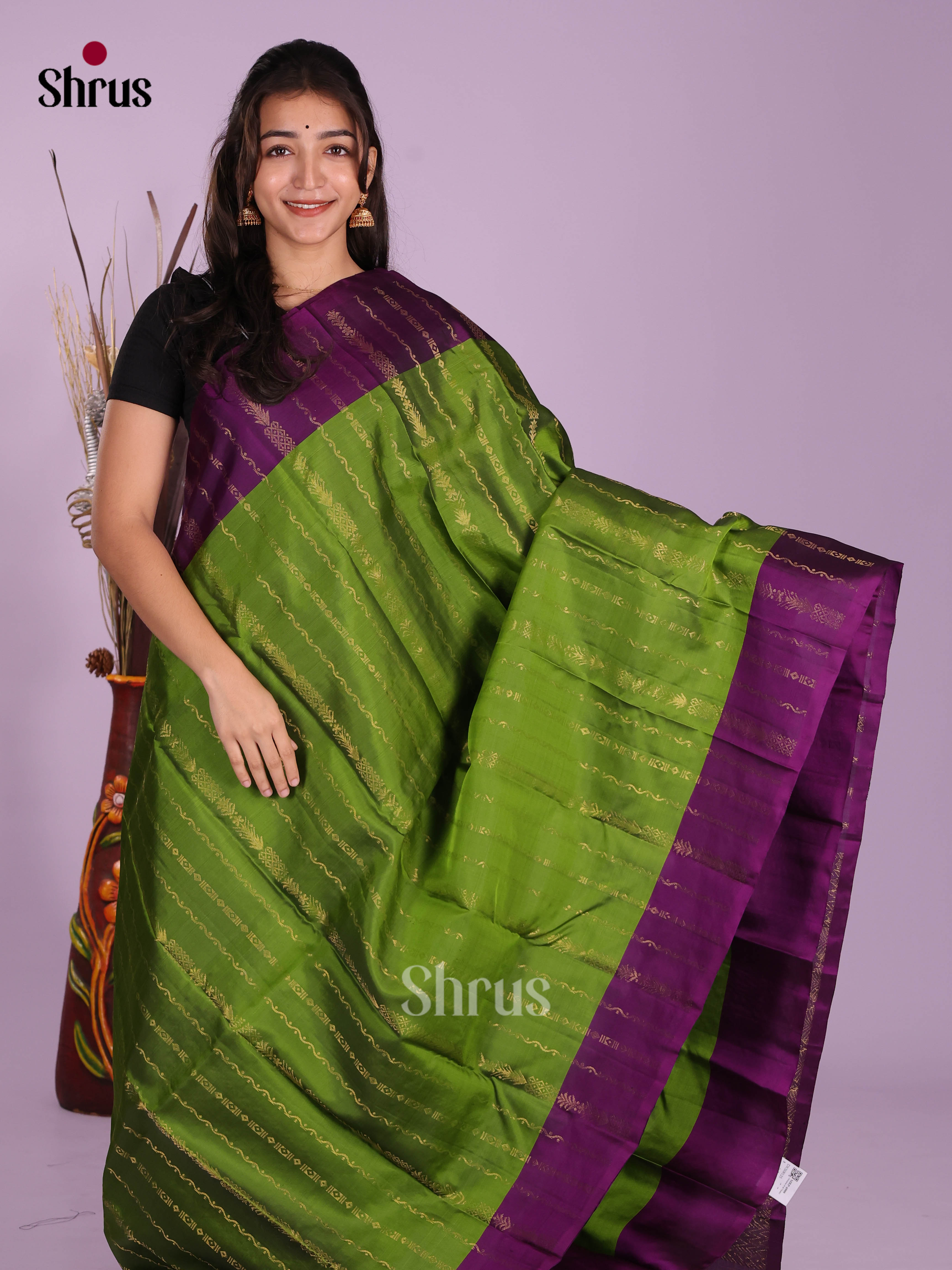 Green & Violet - Softsilk-halfpure Saree