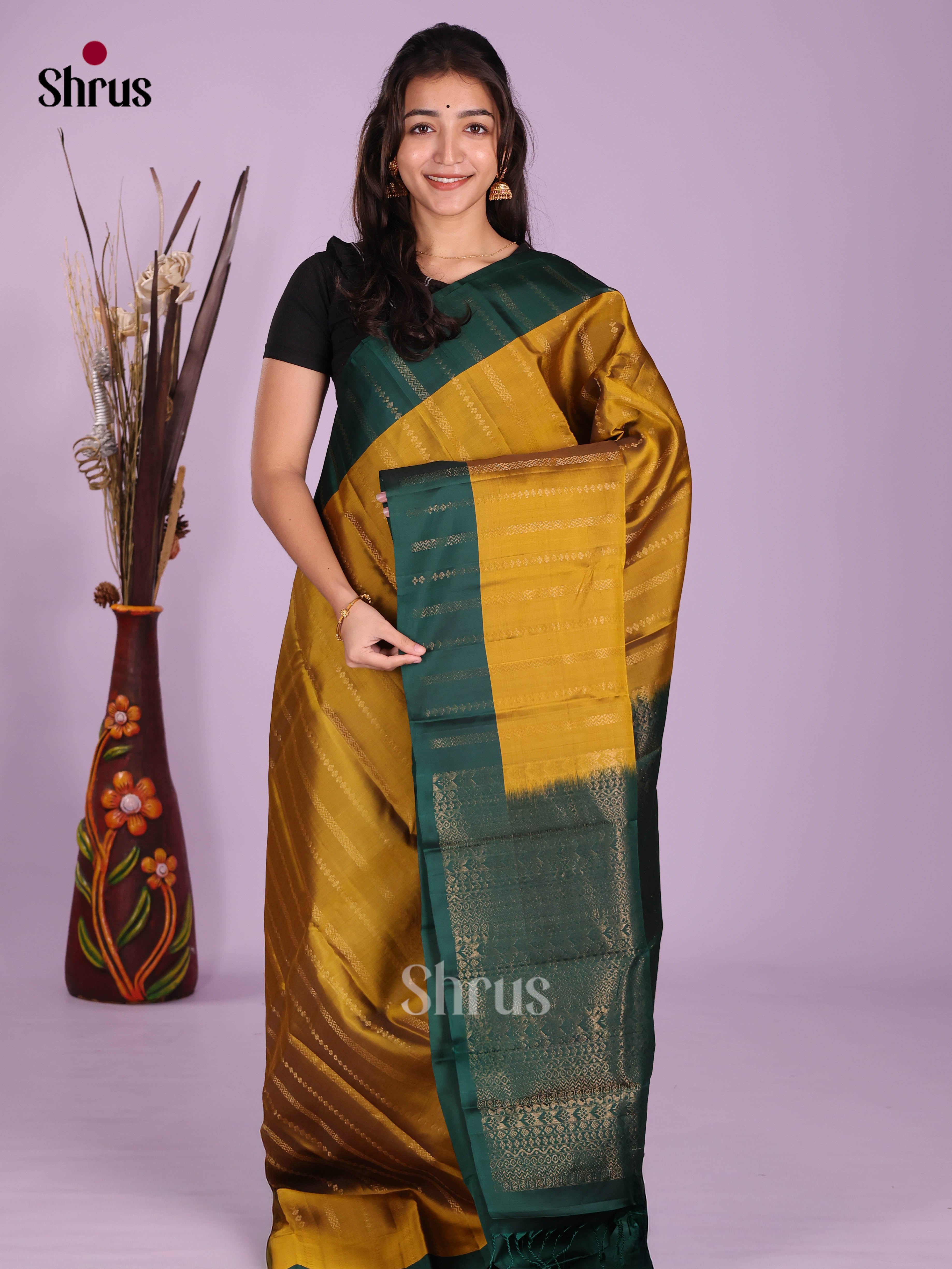 Mustardy Green & Green - Softsilk-halfpure Saree
