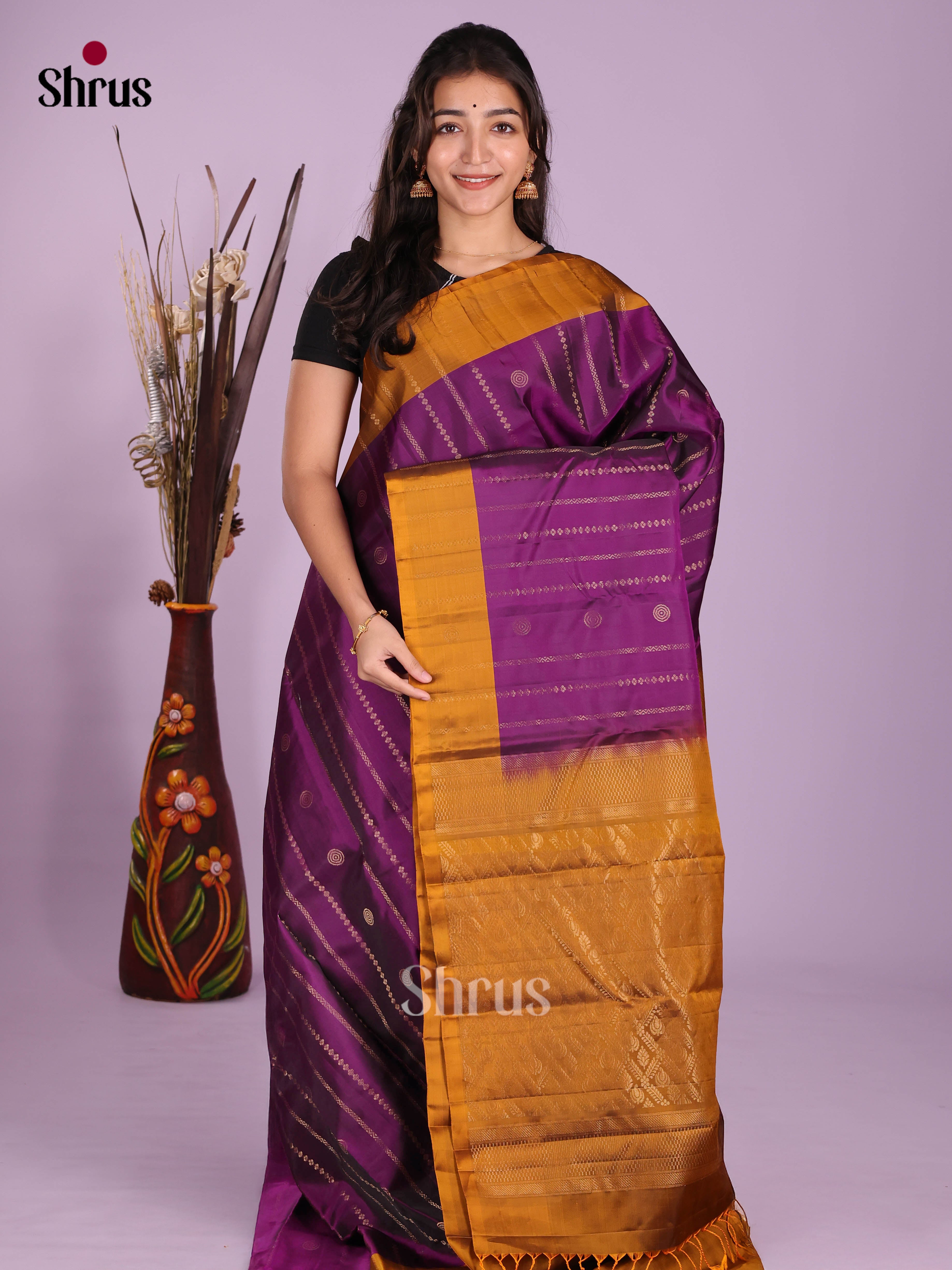 Violet & Mustard- Softsilk-halfpure Saree - Shop on Shrus.com