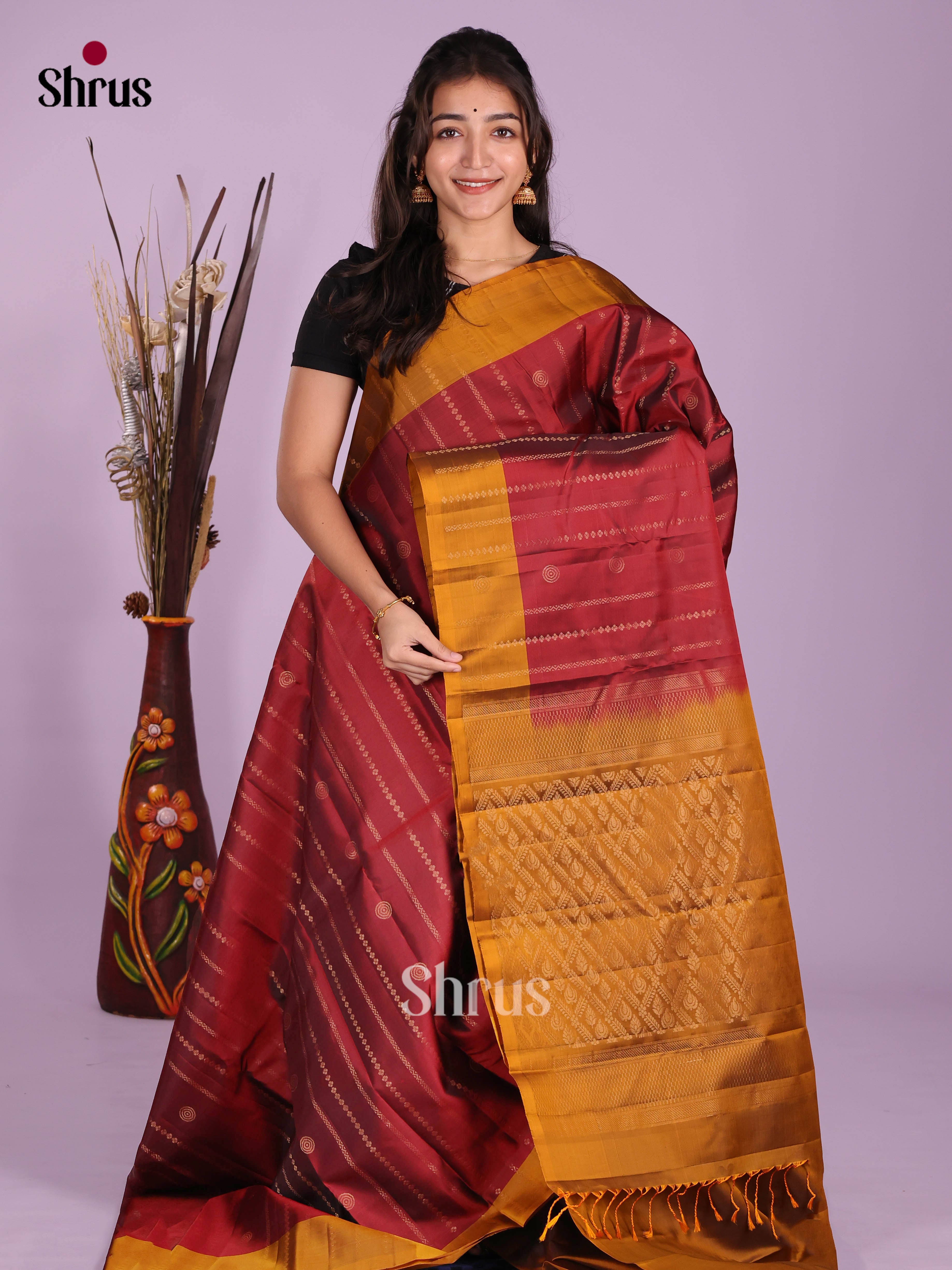 Maroon & Mustard- Softsilk-halfpure Saree