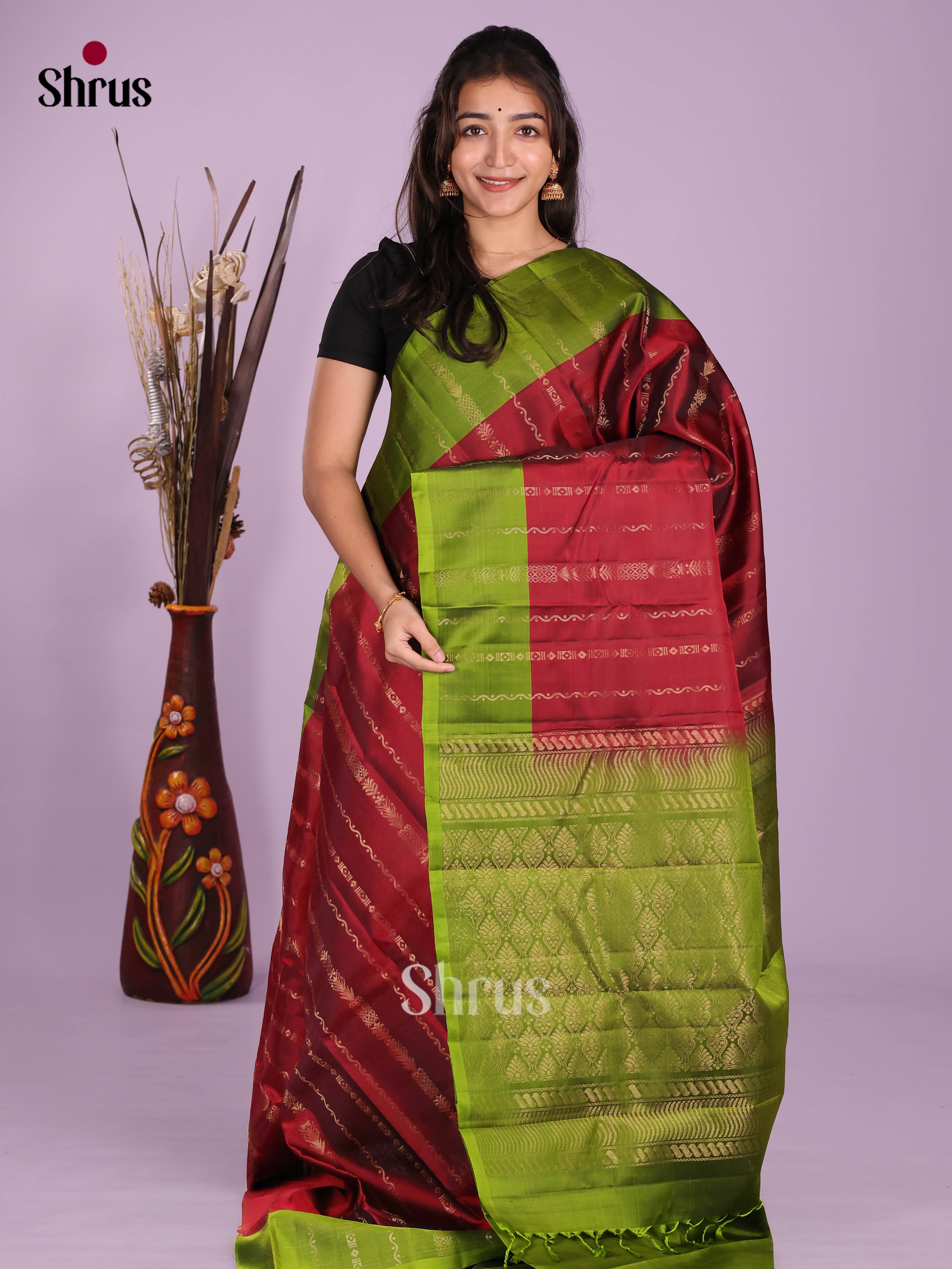 Maroon & Green - Softsilk-halfpure Saree