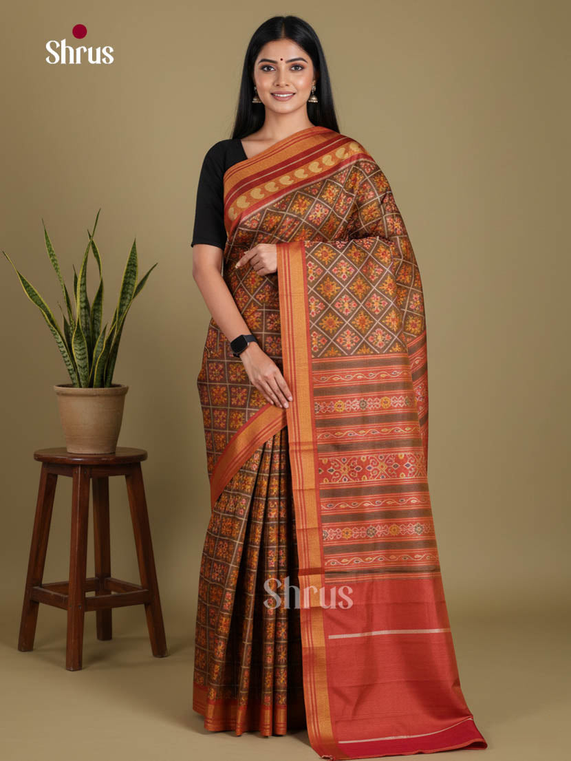 Brown & Maroon - Semi Patola Saree
