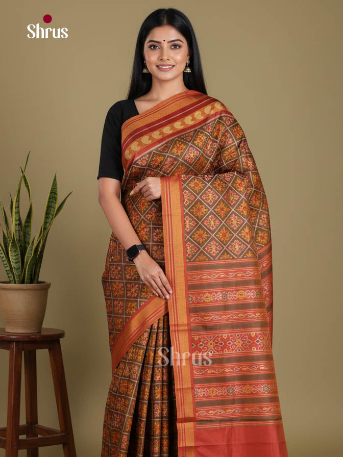 Brown & Maroon - Semi Patola Saree