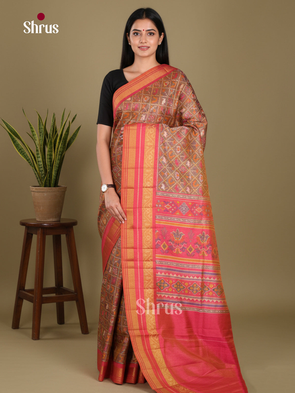 Brown & Orangish Pink - Semi Patola Saree