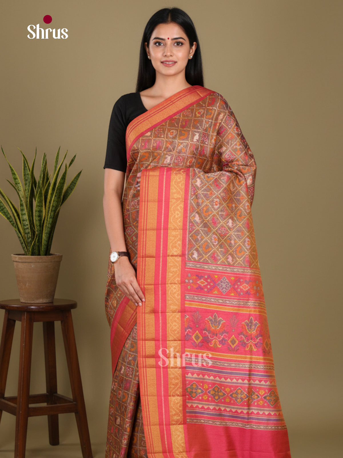 Brown & Orangish Pink - Semi Patola Saree