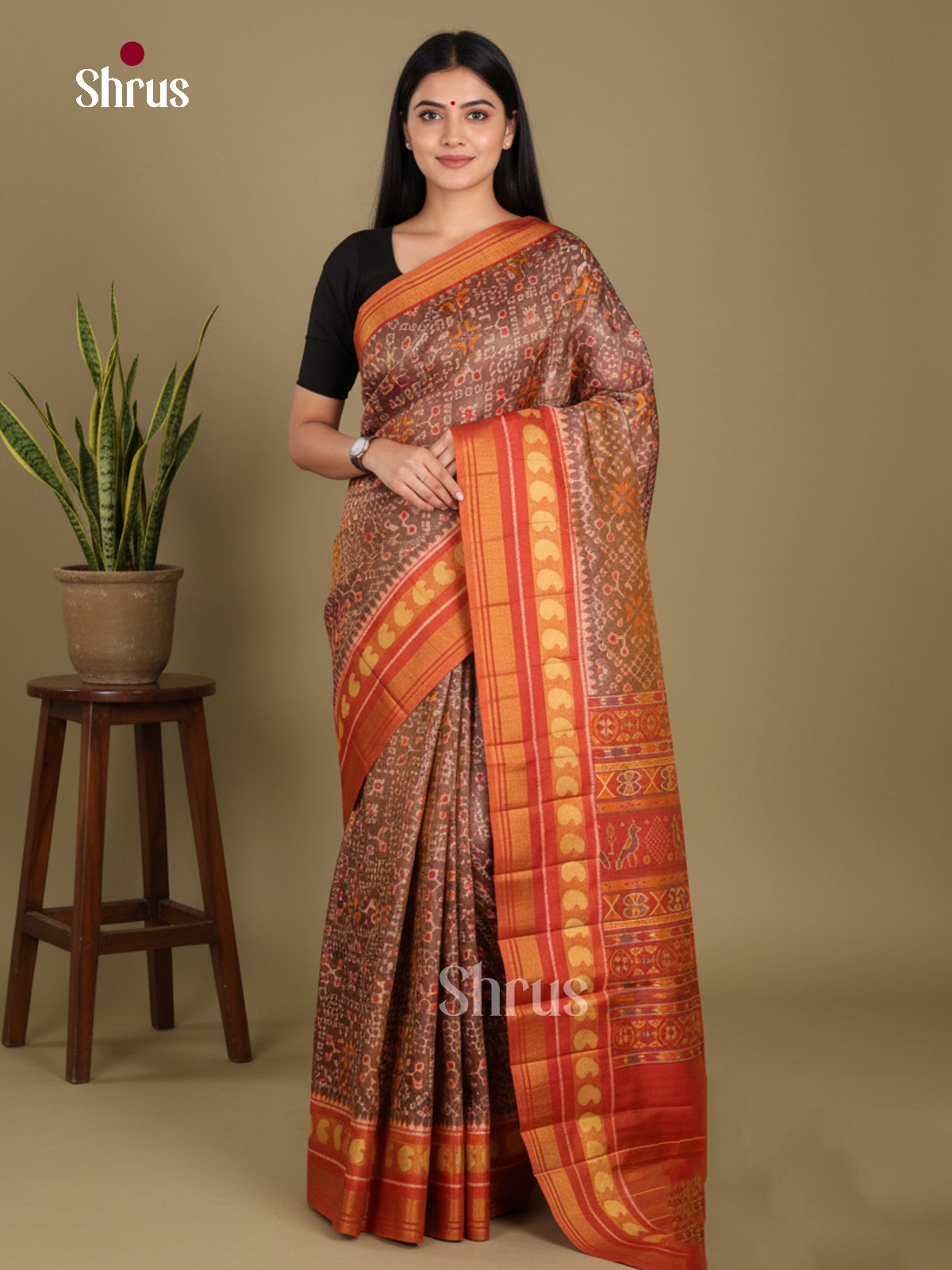 Brown & Orange - Semi Patola Saree