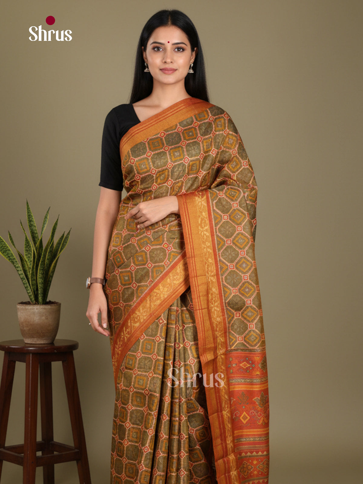 Army Green & Brick - Semi Patola Saree