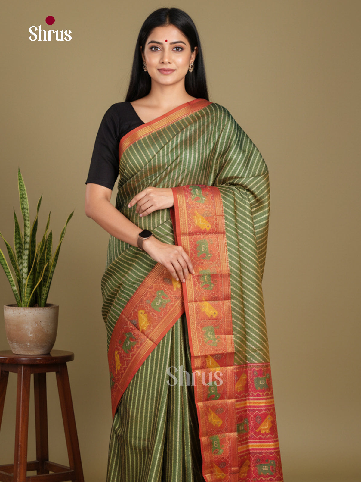 Green & Orange - Semi Patola Saree