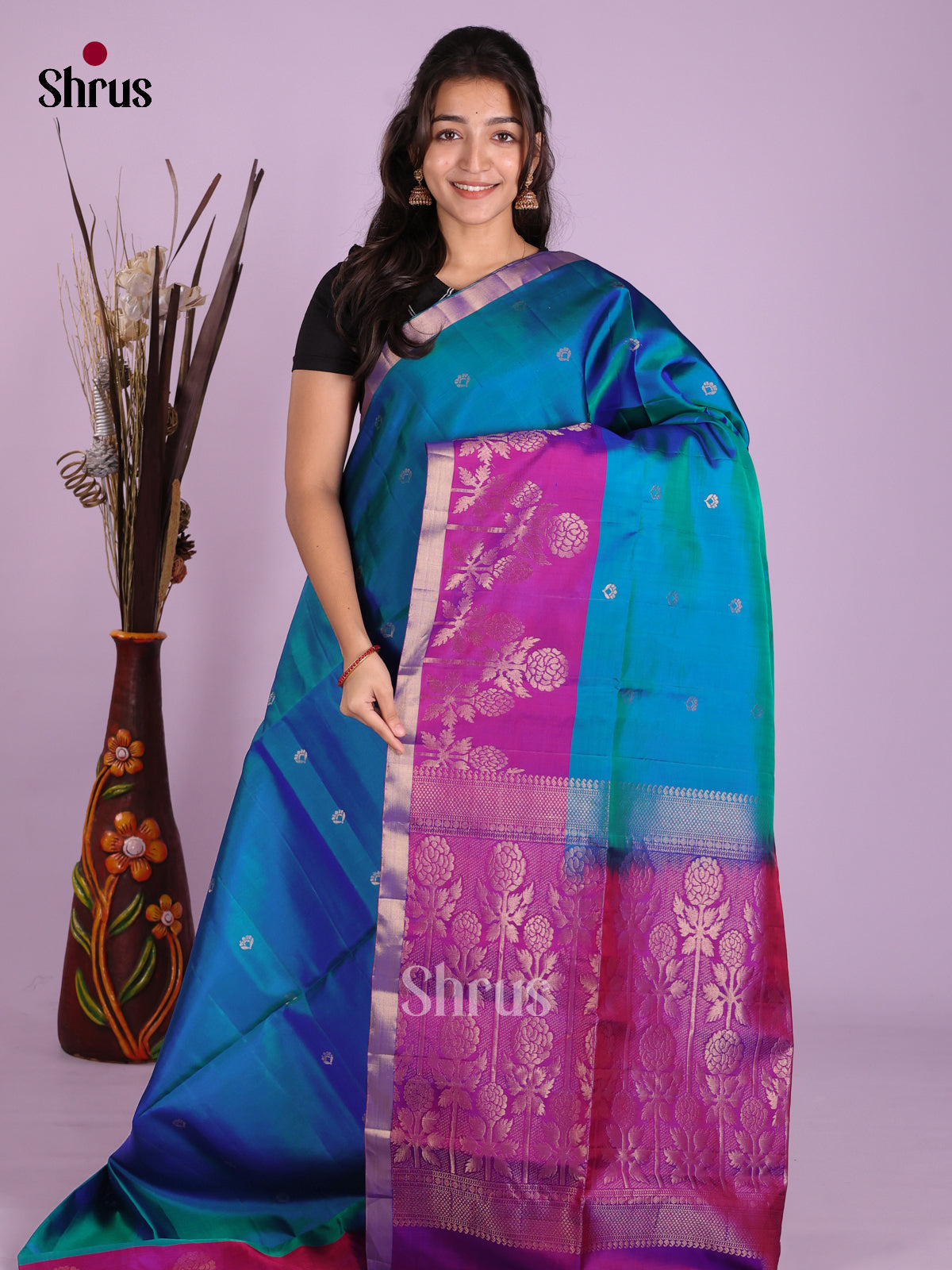 Vibrant Blue & Purple Soft Silk Saree with gold zari buttas & floral brocade pallu