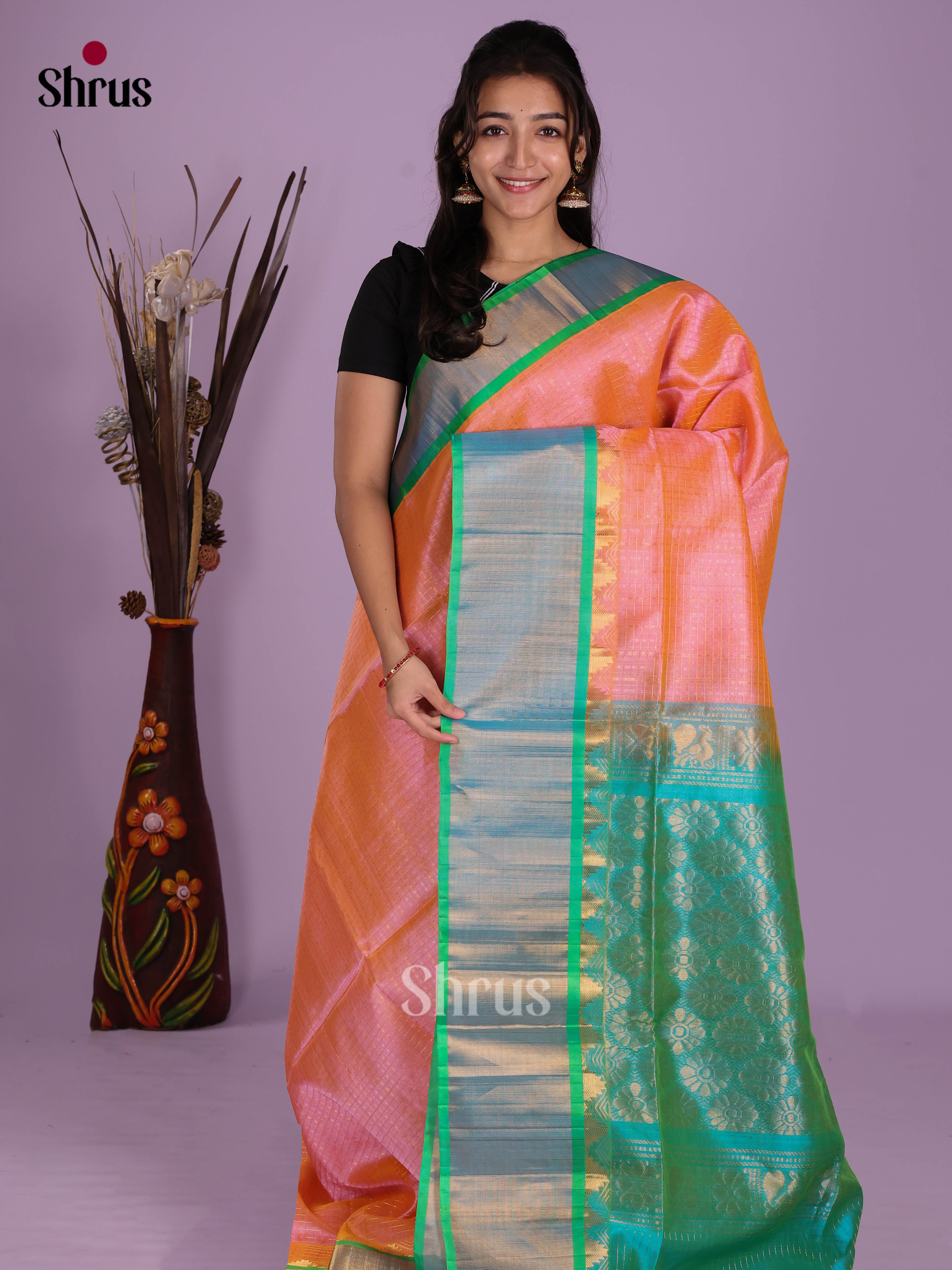 Peach & Teal - Silk Cotton Saree - Shop on Shrus.com