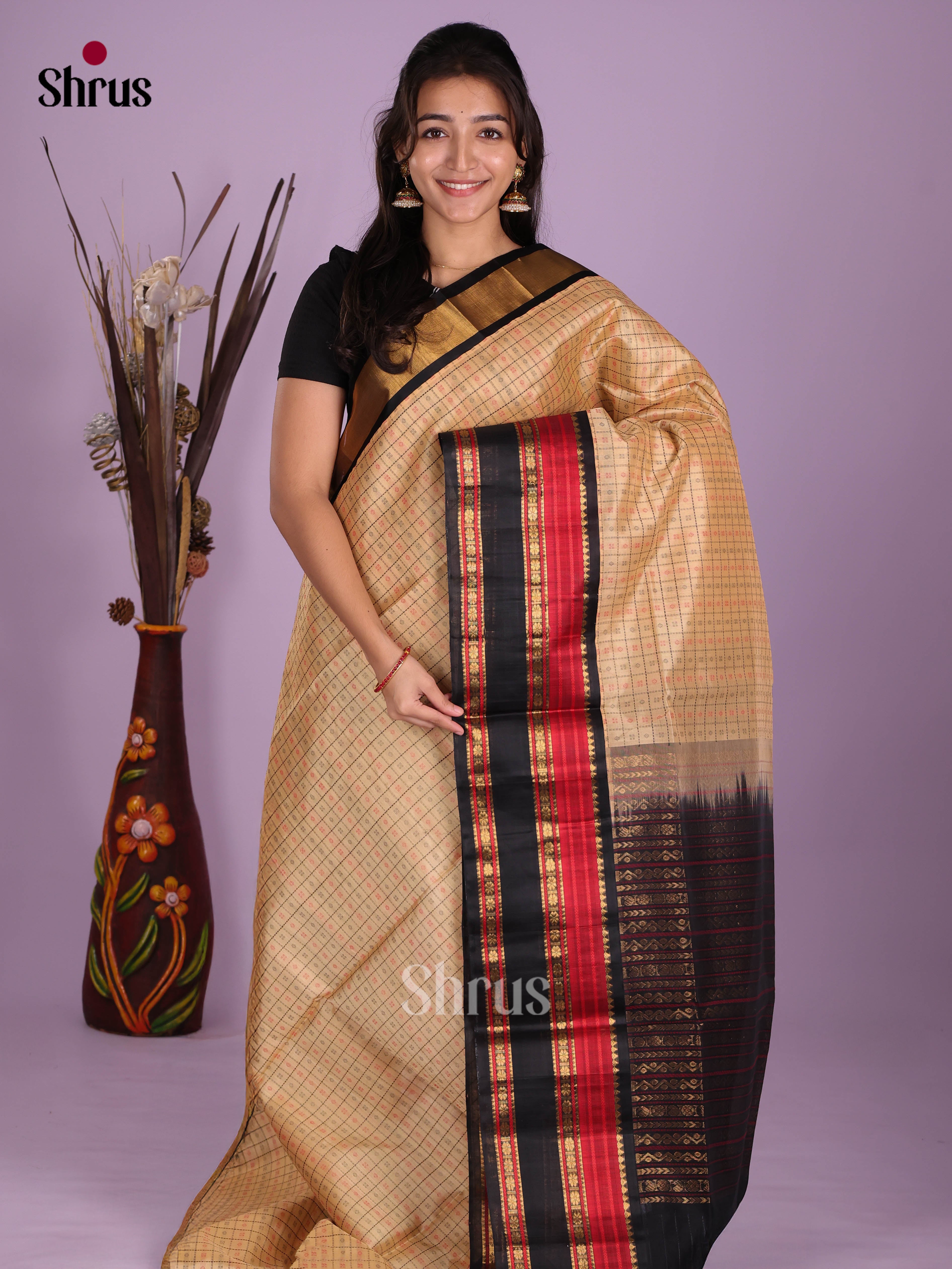 Sandal & Black - Silk Cotton Saree